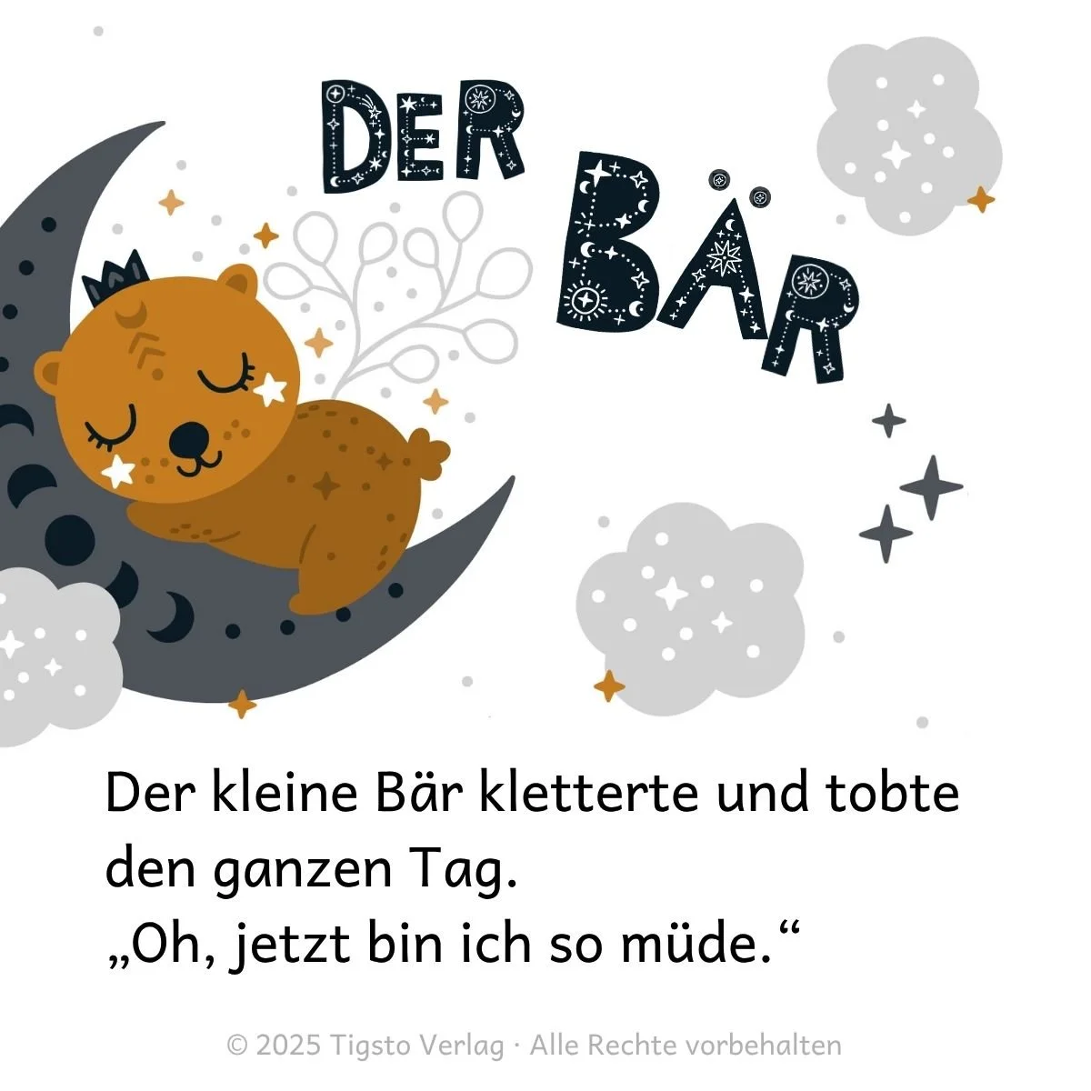 Bär ruht und  er schwebt mit dem Mond und den Wolken in der Kindergeschichte „Wir träumen auf Wolken“.