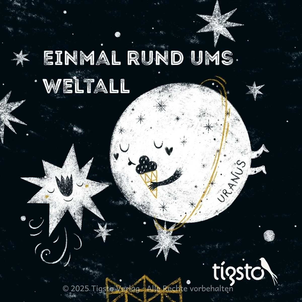 Kindlich dargestellter Uranus im Weltraum im Titelbild der Geschichte „Einmal rund ums Weltall“.