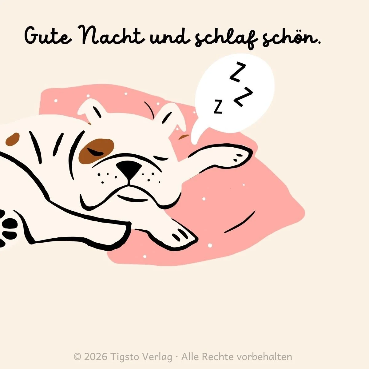 Schlafender Hund auf einem Kissen in der Schlussszene der Kindergeschichte „Hunde“.