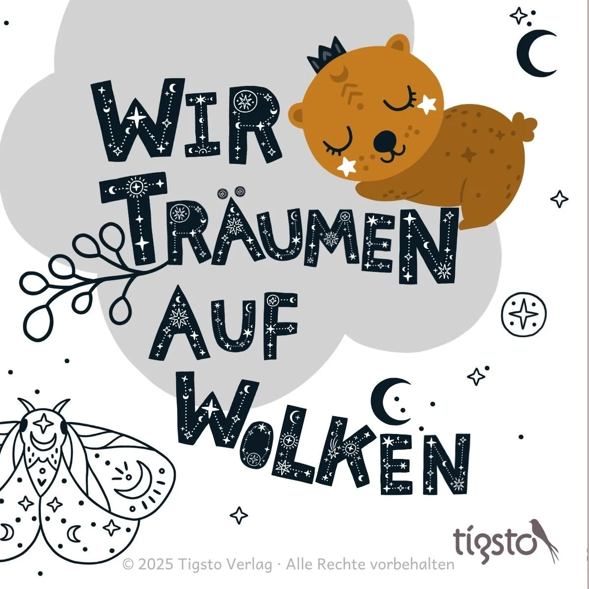 Bär schläft auf einer Wolke im Titelbild der Einschlafgeschichte „Wir träumen auf Wolken“ für Kinder ab 3 Jahren.