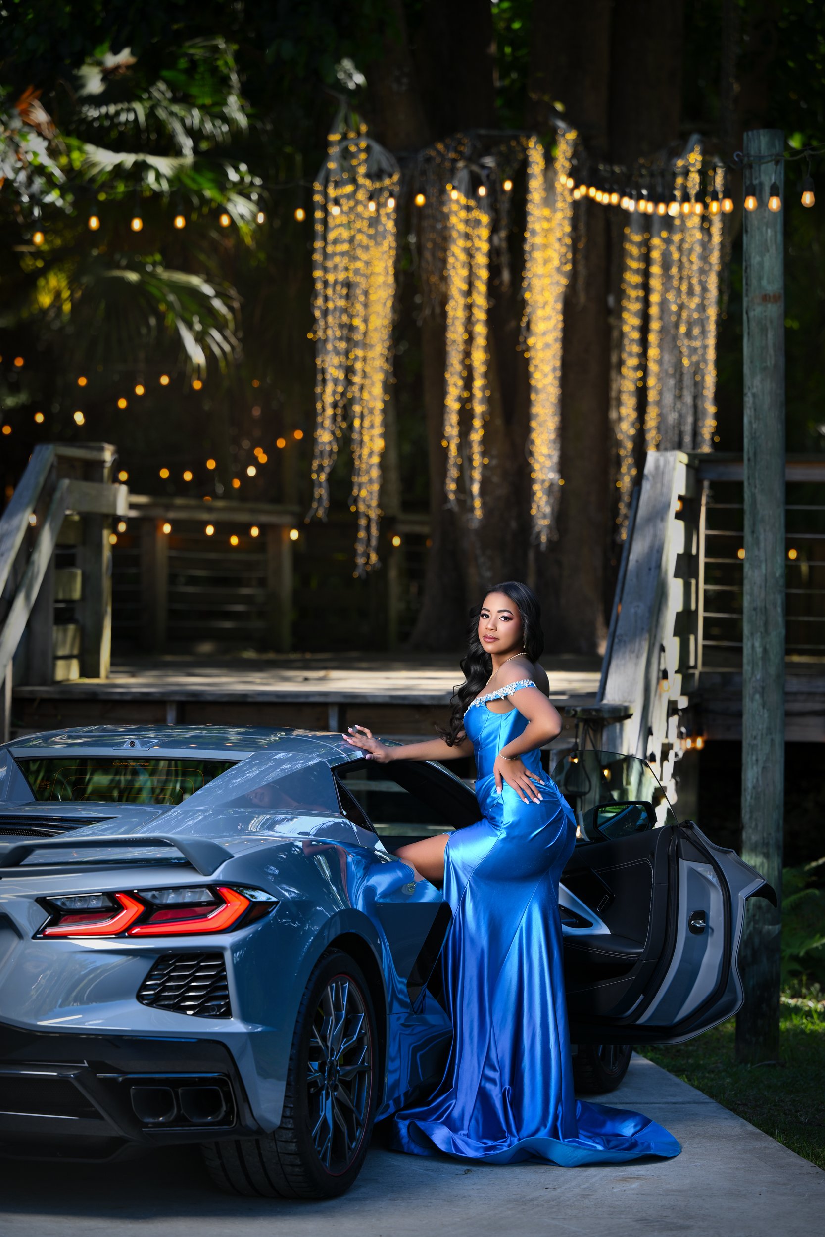 Miami Quinceañera photography at Villa Turquesa with luxury corvette sports car