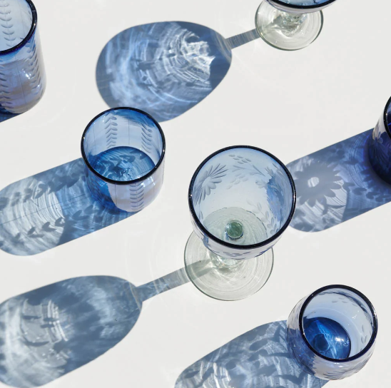 Etched Wine Glass - French Blue