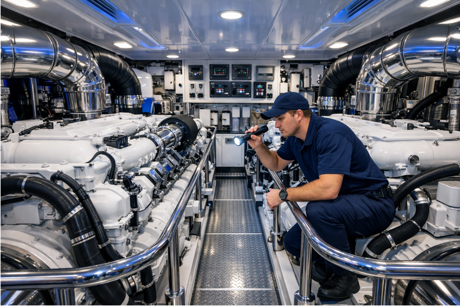 Yacht engine room inspection by Hartman technician