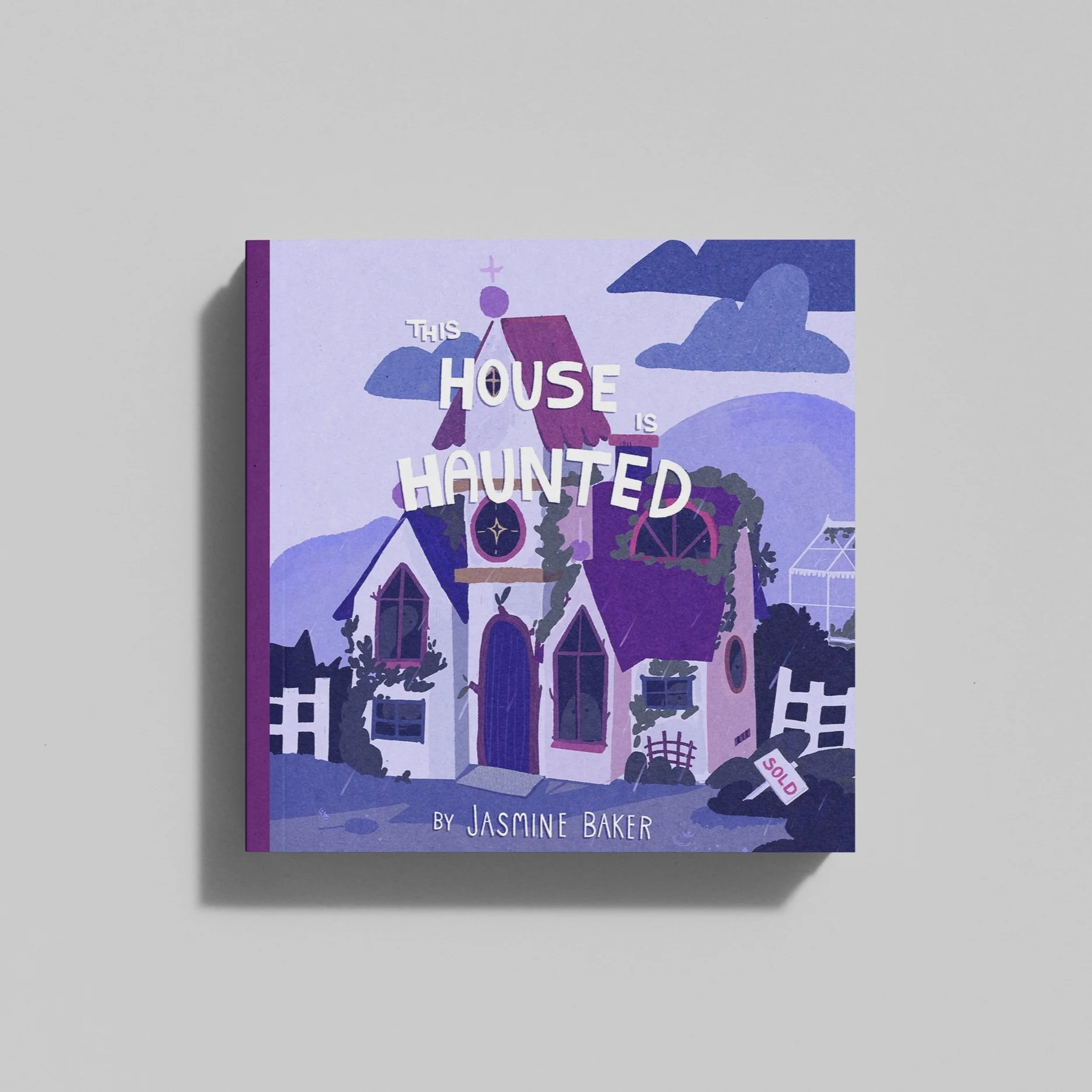 Illustration of a haunted house with a purple and blue color palette, cloudy sky, and a 'SOLD' sign in front.