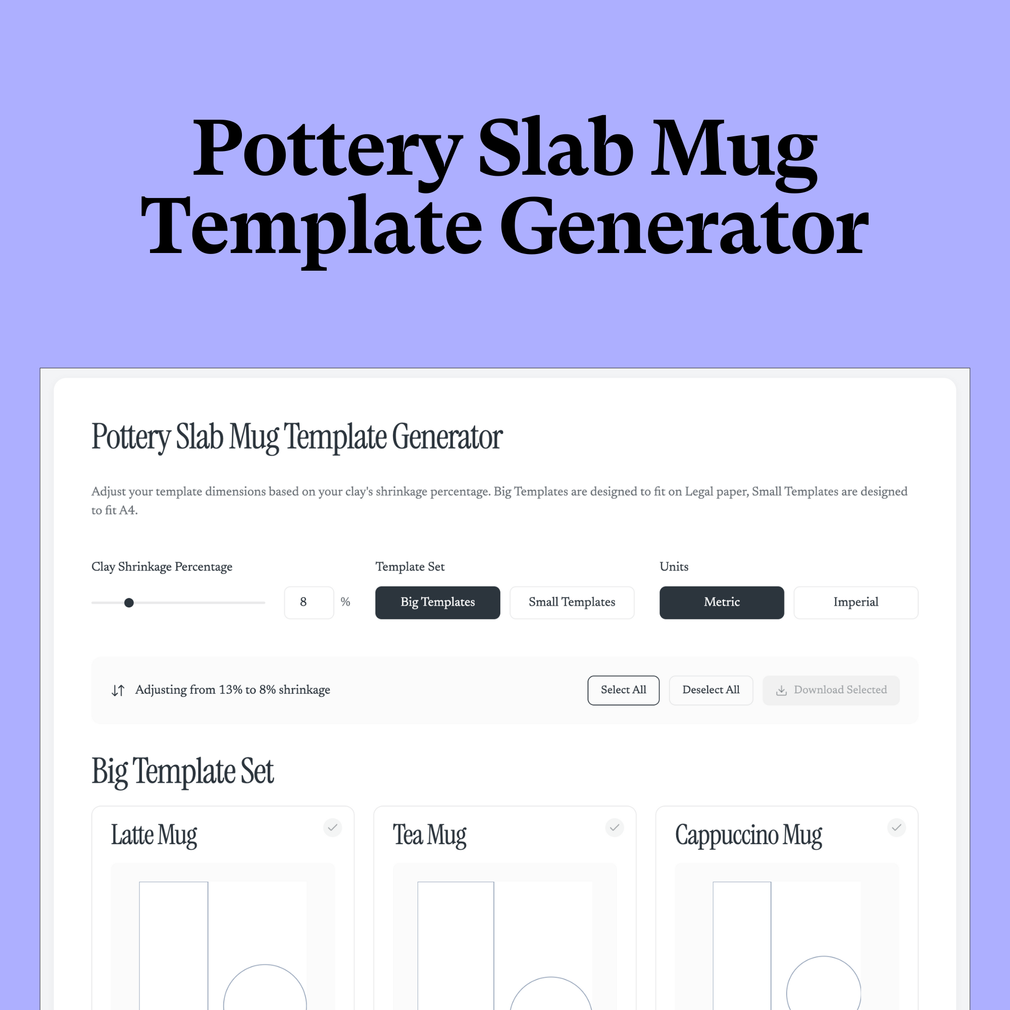 Screenshot of a pottery slab mug template generator webpage with various options and controls.