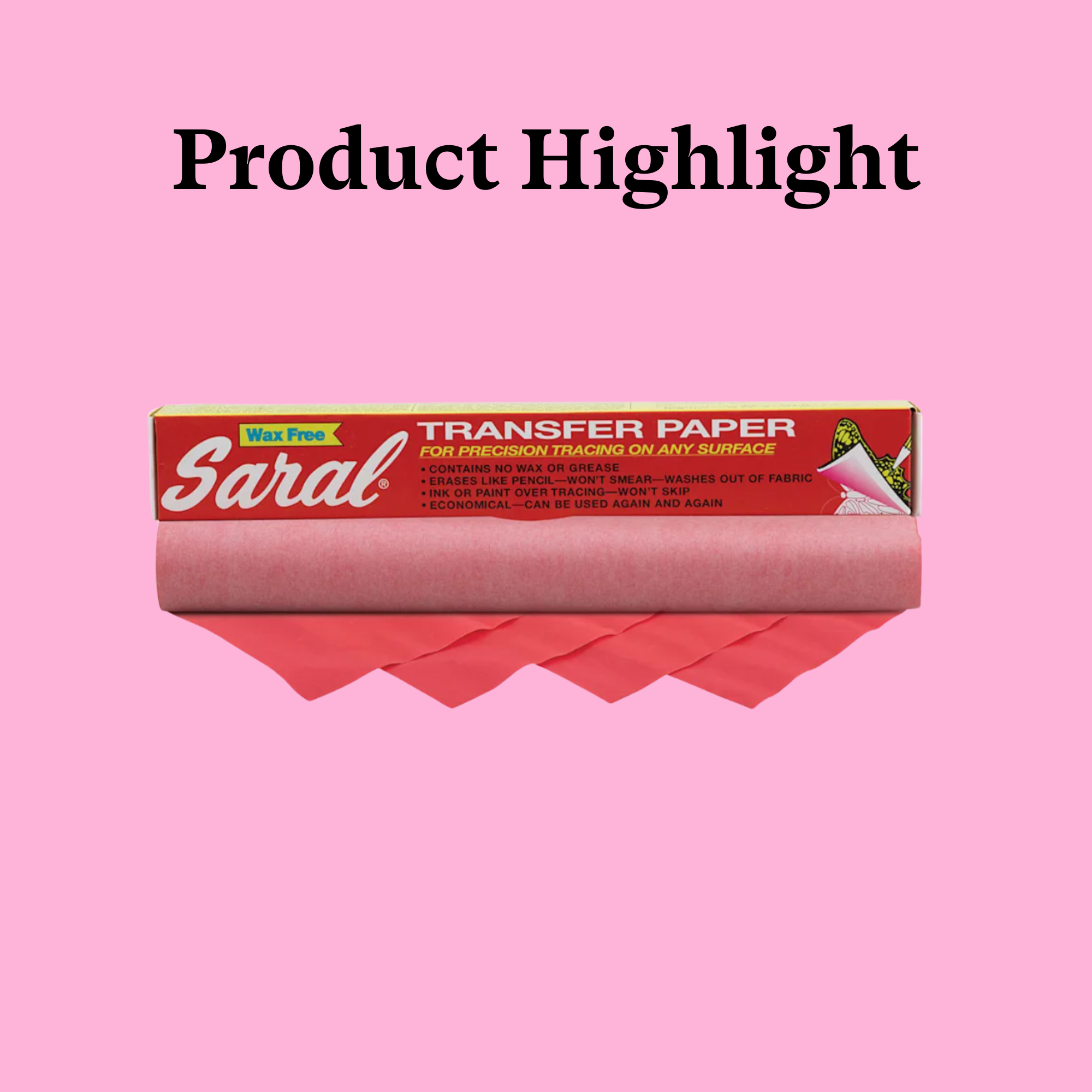 A roll of Saral transfer paper with red and pink packaging on a pink background, labeled as wax-free for precision tracing.