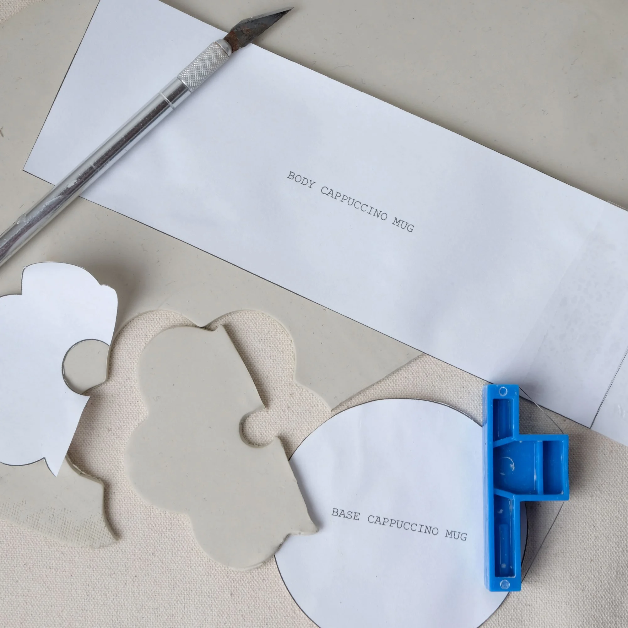 Cappuccino Mug clay template showing all pattern pieces and assembly layout