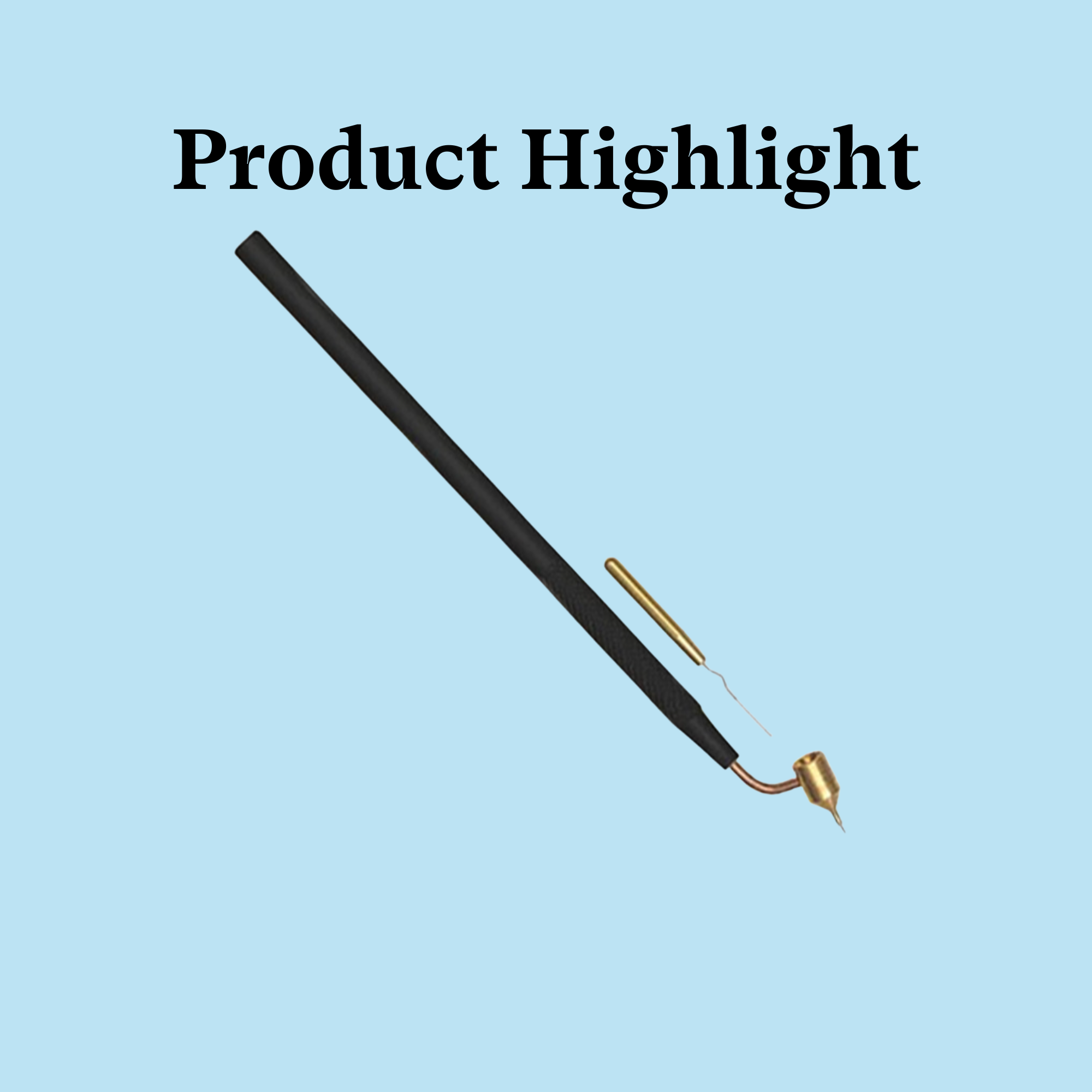 A tattoo needle with a black handle and gold components on a light blue background. The text 'Product Highlight' is placed at the top of the image.