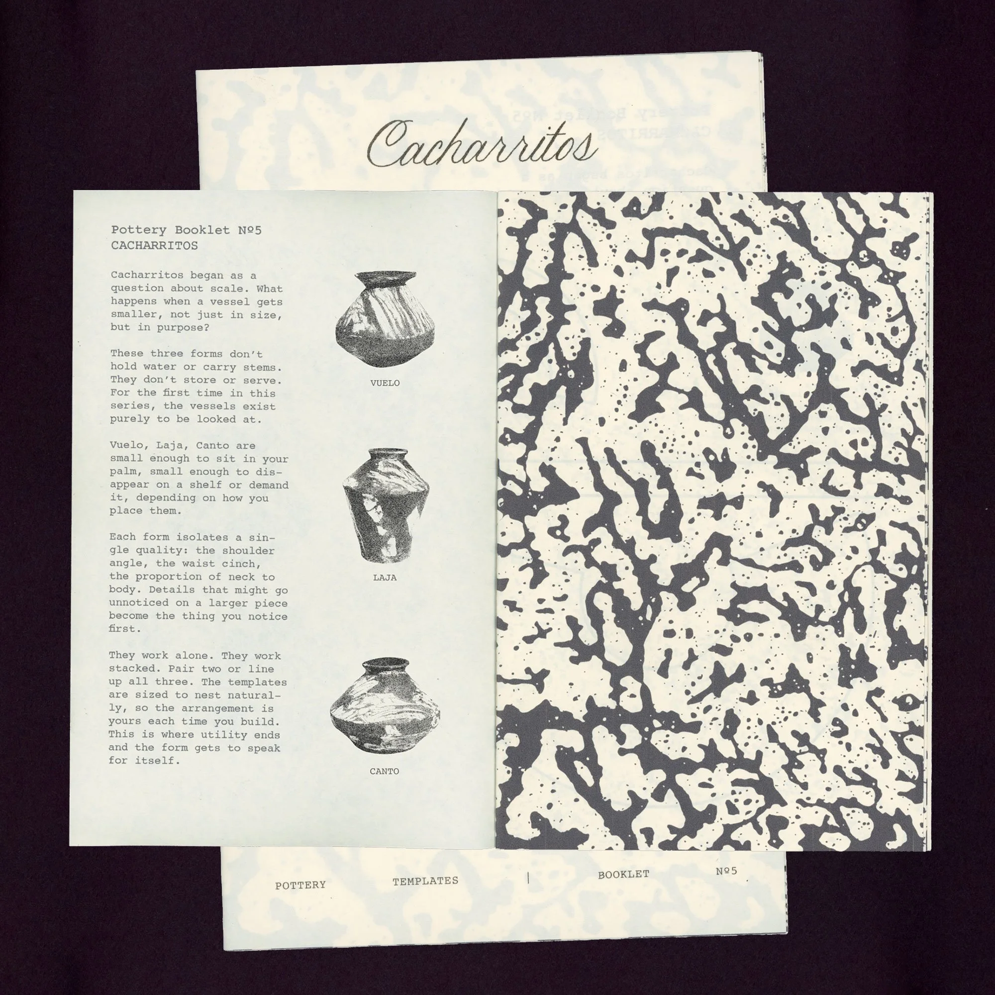 Inside pages of Cacharritos pottery booklet showing intro text and vessel illustrations for Vuelo, Laja, and Canto