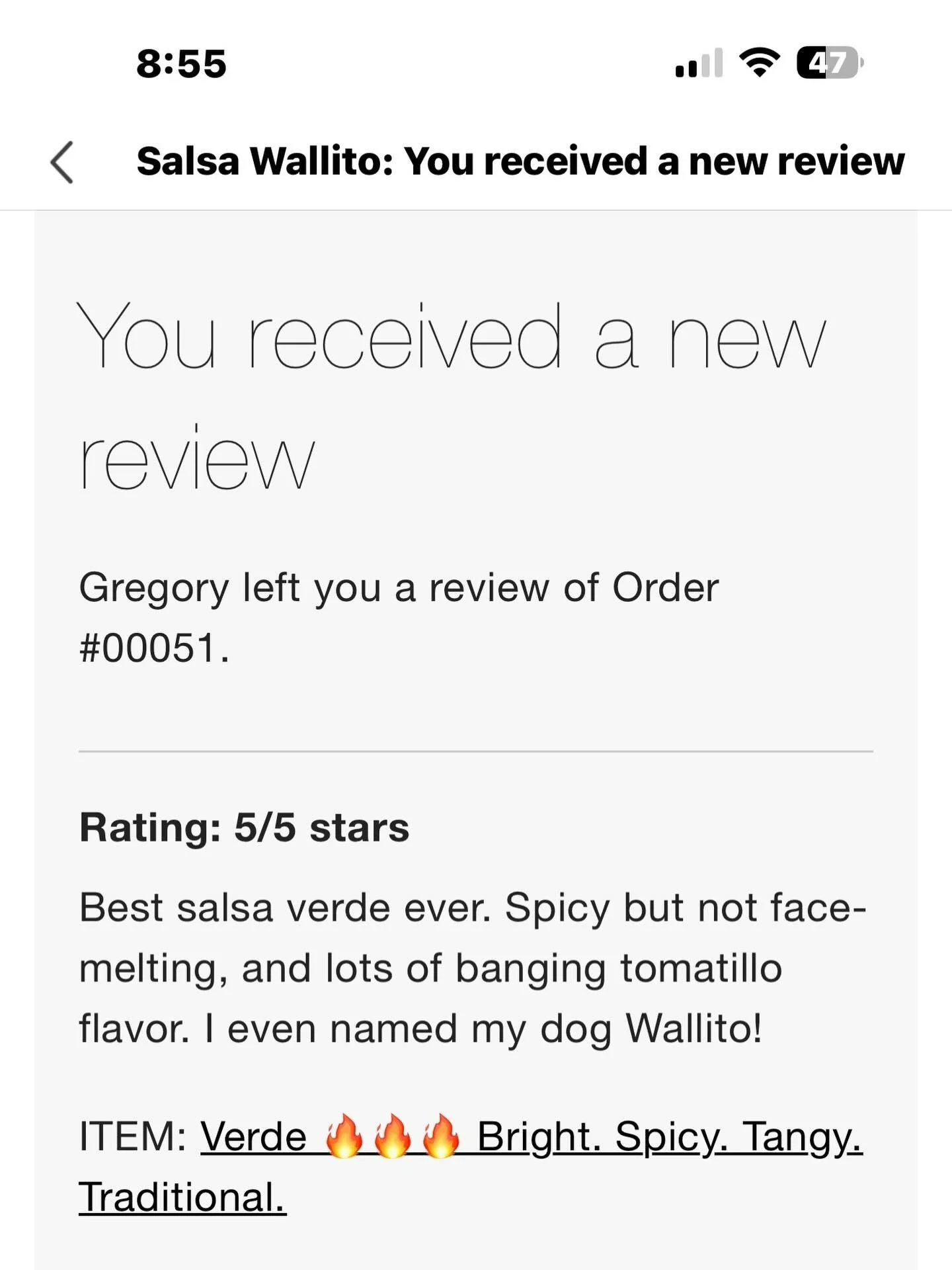 I'm delighted with this review. The reviewer enjoyed my salsa immensely, even naming his dog Wallito lol.🌶️🌶️🌶️