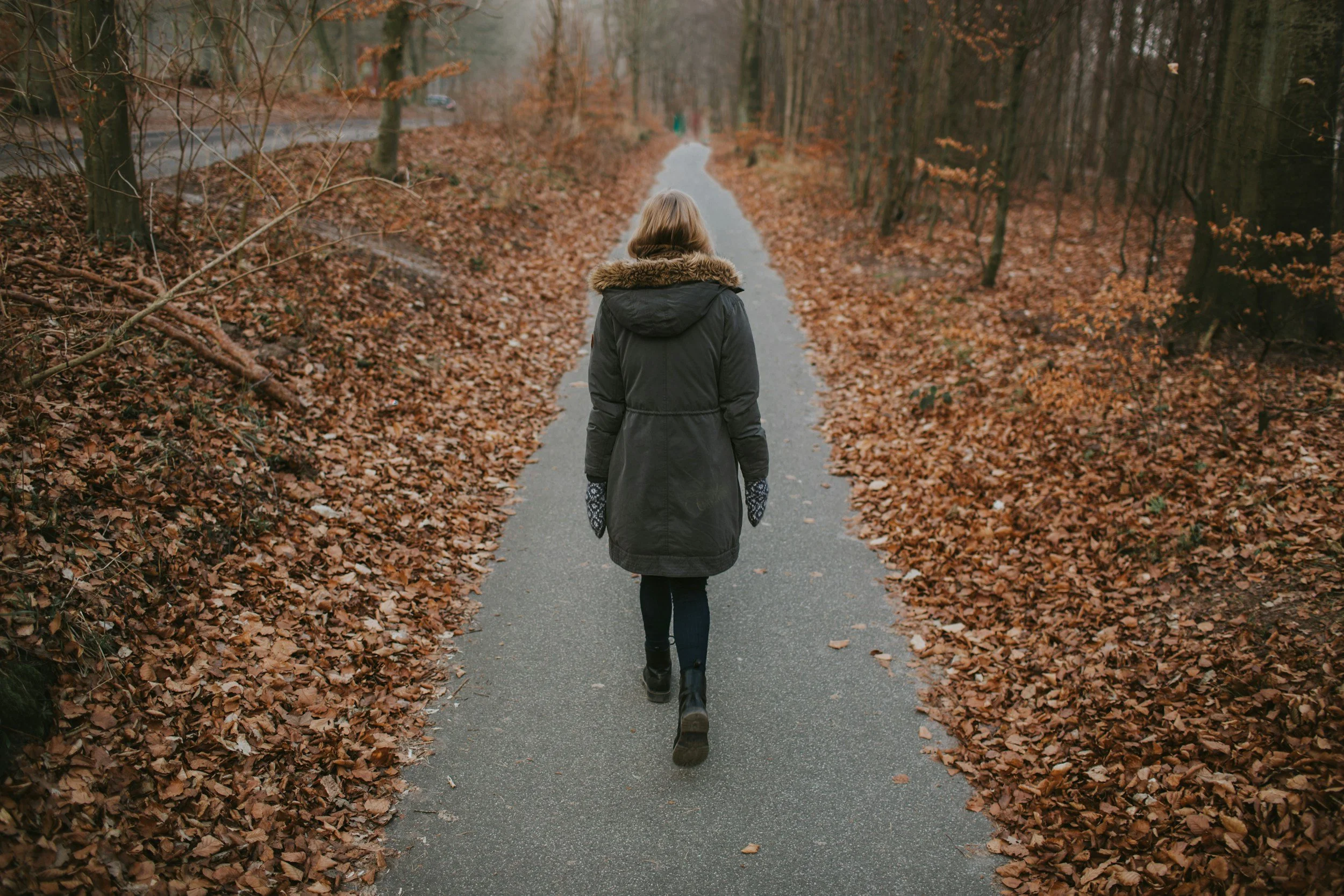 Person walking alone on a wooded path while preparing emotionally for a funeral and family conflict.
