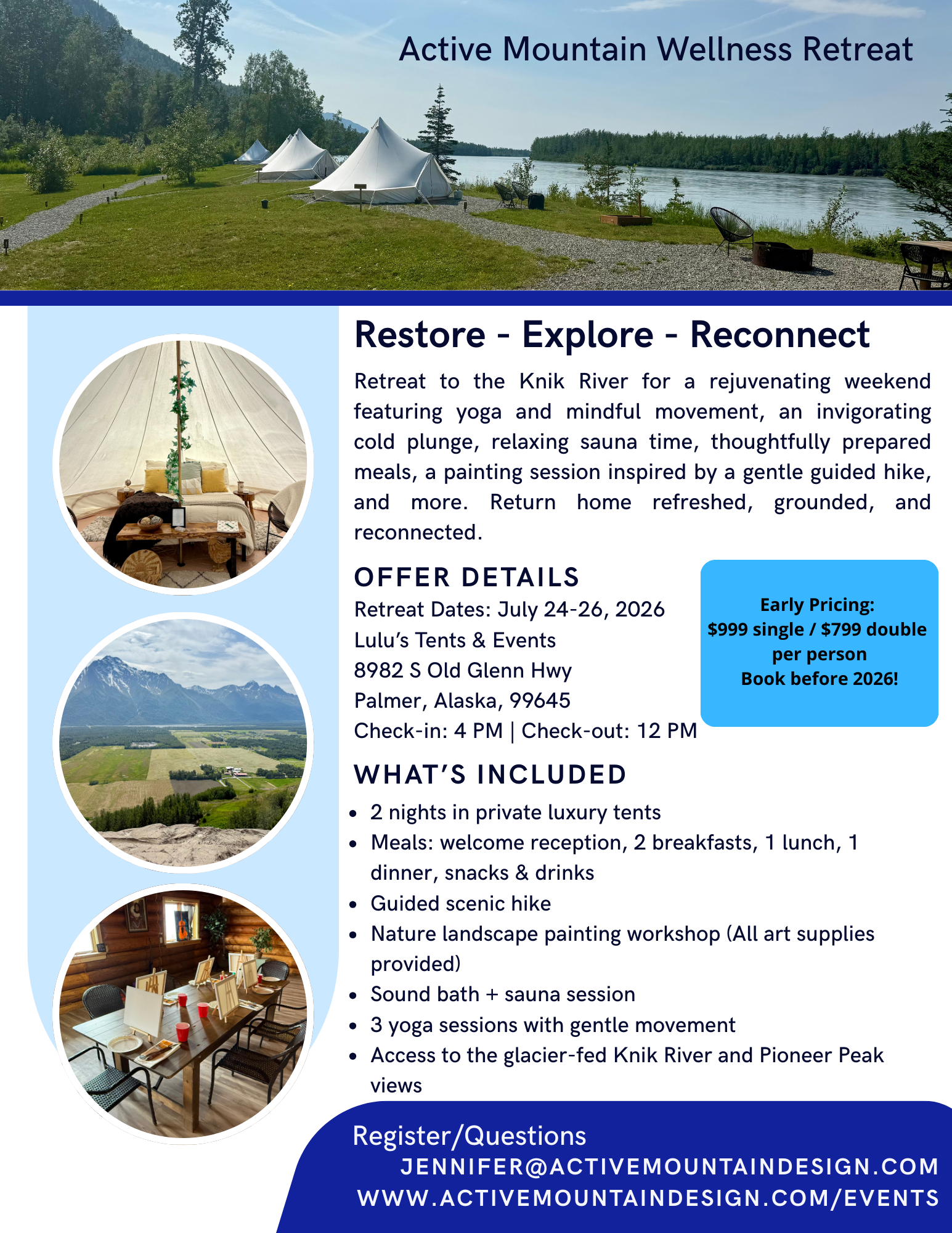 Flyer for Active Mountain Wellness Retreat showing a lakeside scene with tents, chairs, and tables, along with photos of a cozy interior tent, mountain landscape, and a table setup with art supplies.