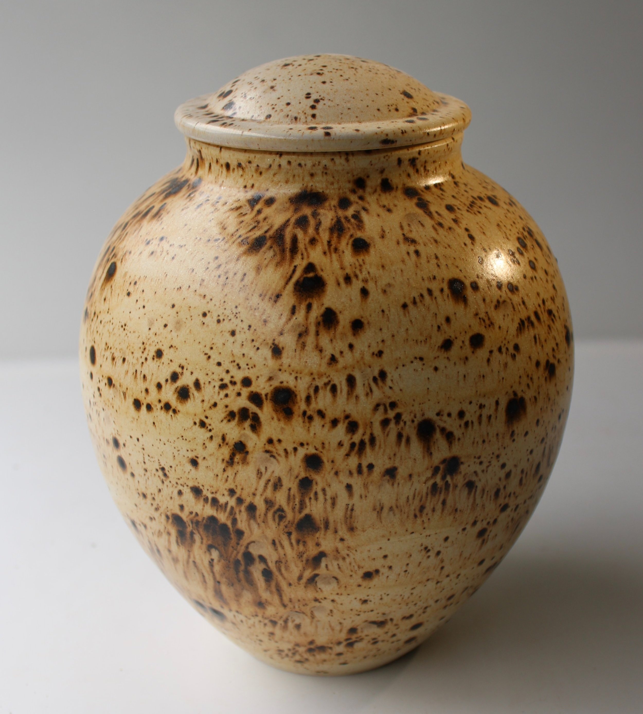 Handmade ceramic urn with unique crackle patterns and earthy tones, crafted in Auckland, New Zealand.