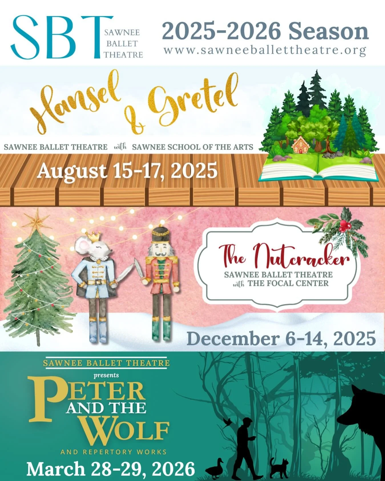 Announcing Sawnee Ballet Theatre’s 2025/2026 Season!
Get ready for another magical year of inspiring performances at Forsyth County’s premiere ballet company!
HANSEL & GRETEL As a free performance, this mid-August production is our