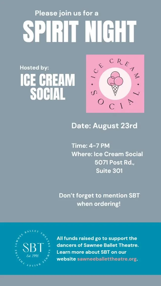 🍦✨ Spirit Night with Sawnee Ballet Theatre! ✨🍦
Join us this Saturday, August 23rd, from 4–7 PM at Ice Cream Social on Post Road for a sweet way to support SBT!
Stop by after Nutcracker auditions or rehearsal, grab a treat, and help us raise