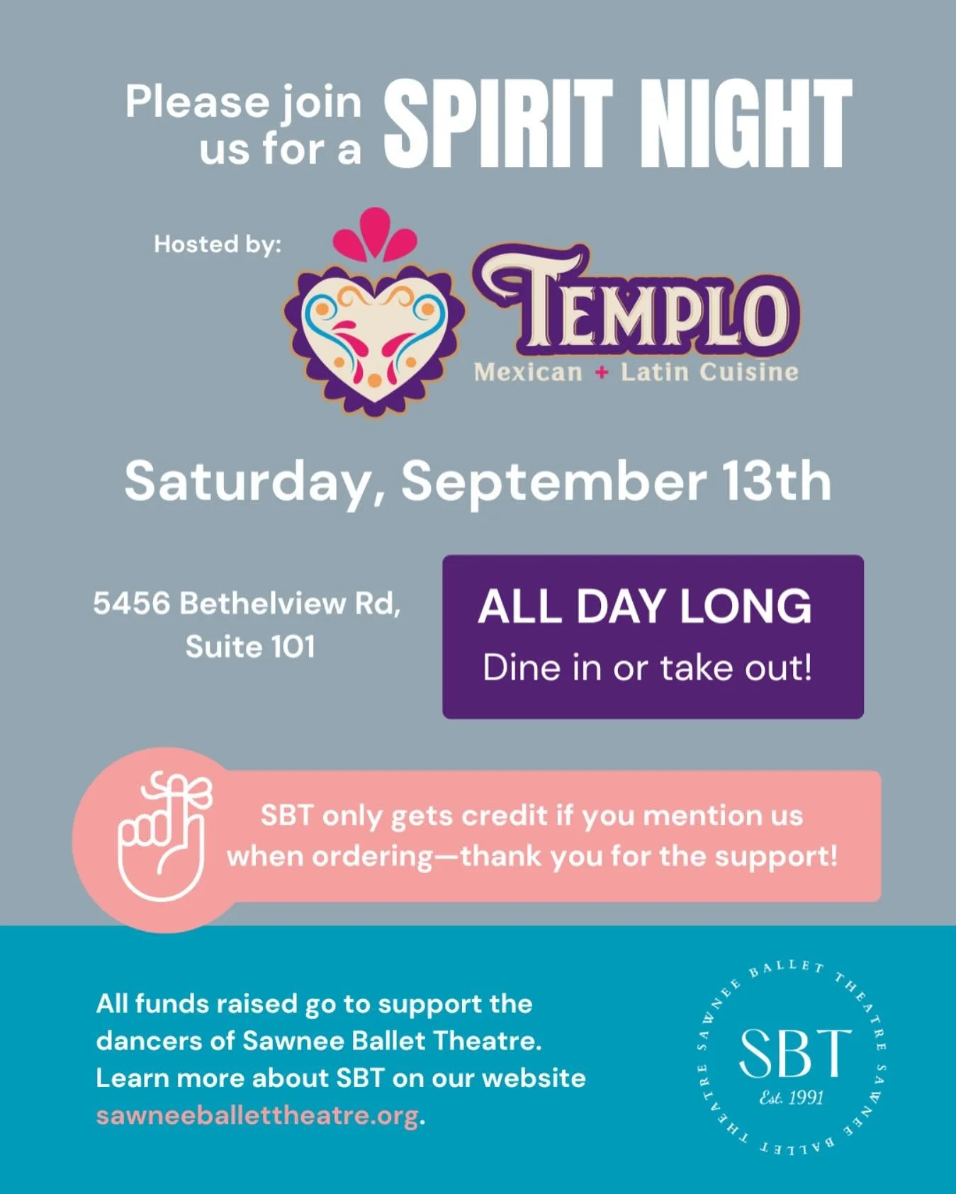 🎉 SPIRIT NIGHT THIS SATURDAY! 🎉
Join us on Saturday, September 13th for a delicious way to support SBT!
Templo Mexican + Latin Cuisine is generously hosting a Spirit Night and donating a portion of the day’s sales to support our dancers.
?