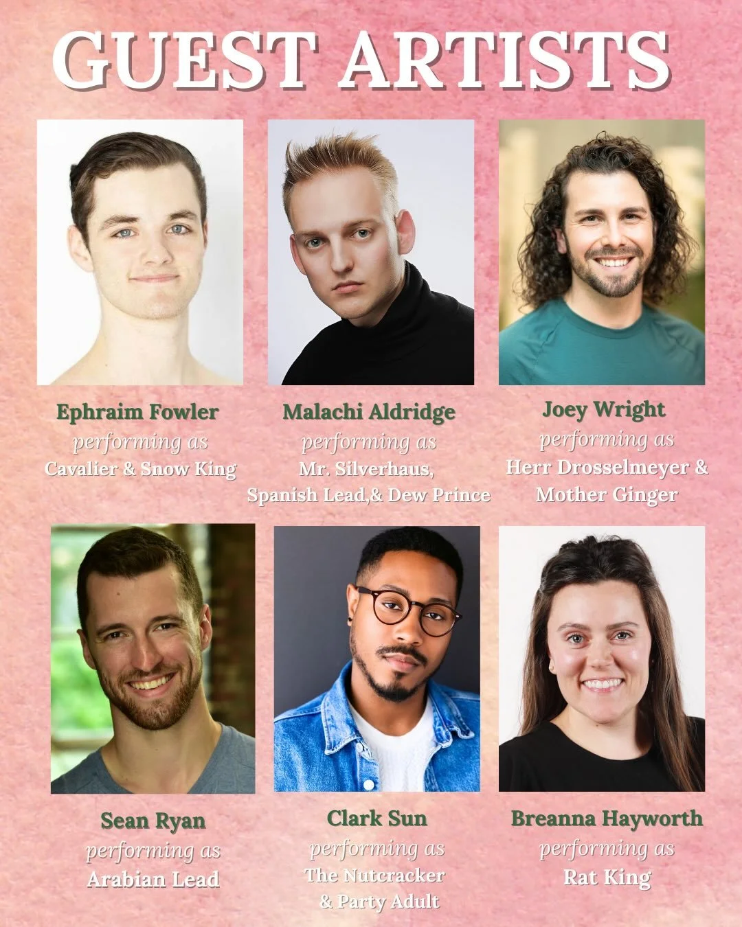 We&rsquo;re excited to introduce our Guest Artists and Party Adults featured in this year&rsquo;s production of The Nutcracker!

We&rsquo;re grateful to have so many members of our community step forward to audition and be part of the magic onstage. 