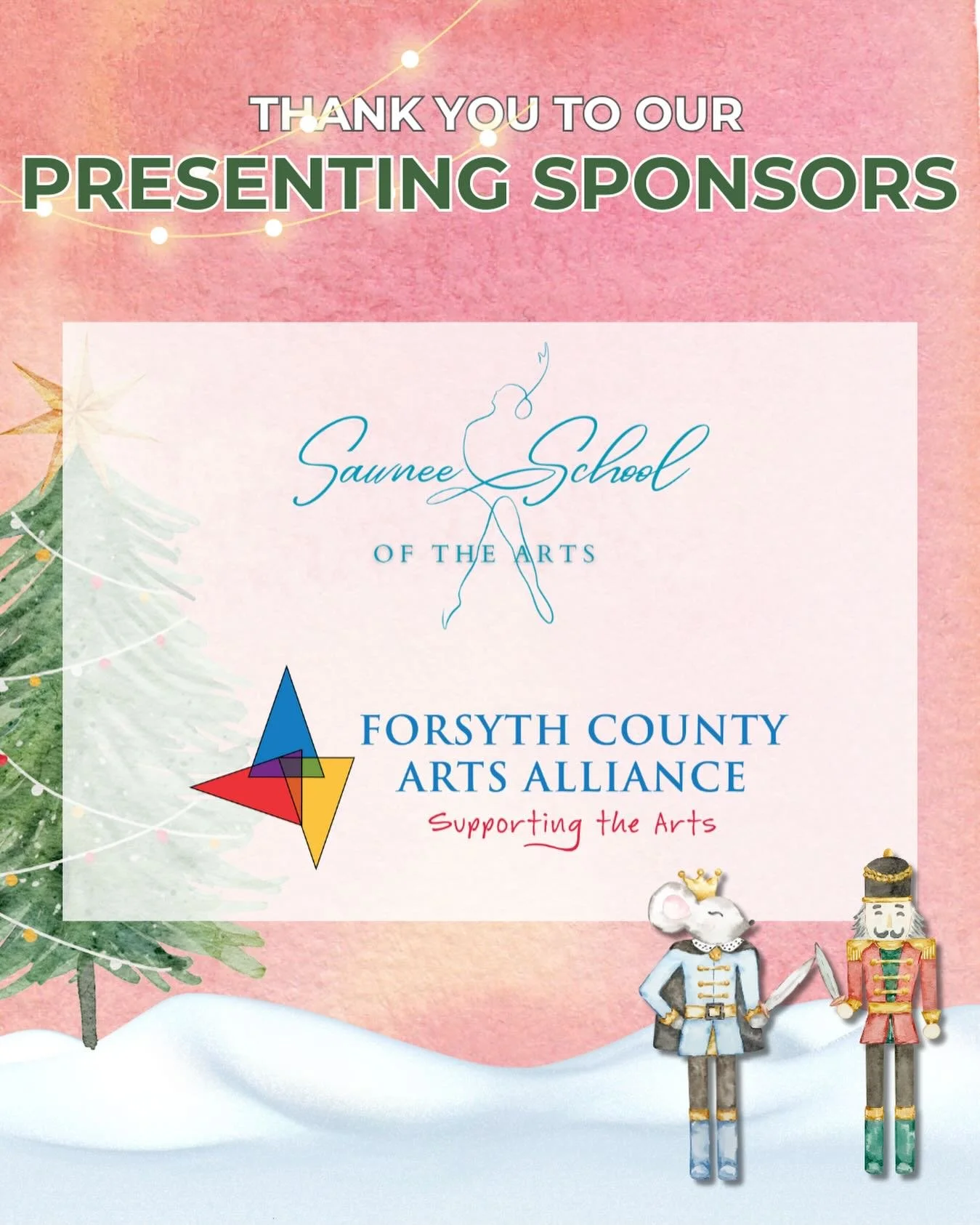 A huge thank-you to our Presenting Sponsors, Sawnee School of the Arts and the Forsyth County Arts Alliance. Our company dancers train at Sawnee School of the Arts, and all of our rehearsals take place there&mdash;we&rsquo;re grateful for the space, 