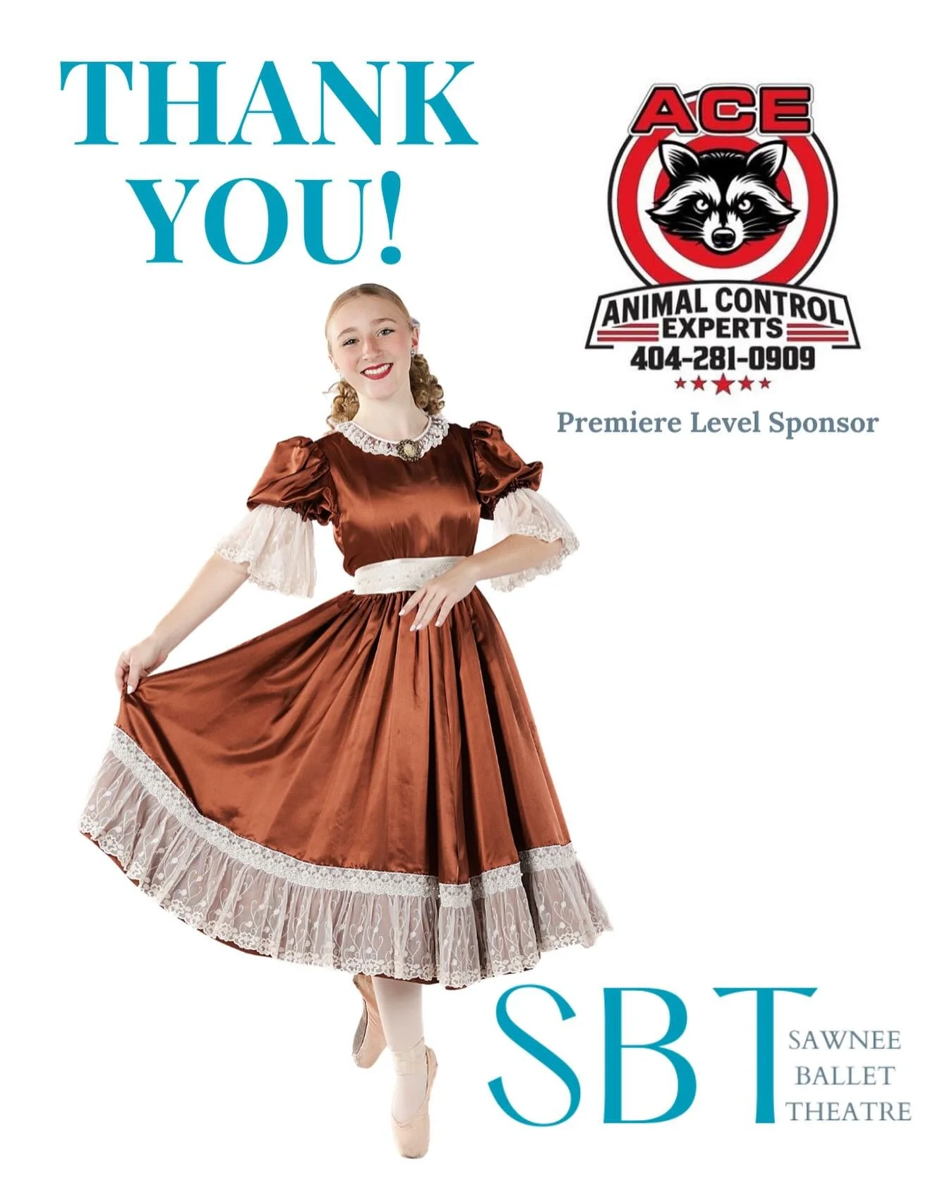 Thank you Premiere Sponsor, ACE Wildlife Service, for sponsoring company member Kaylie Gaines and SBT. We greatly appreciate your support!

ACE Wildlife Service is located in Alpharetta, GA. 

You can also visit them online at https://acewildlifeserv