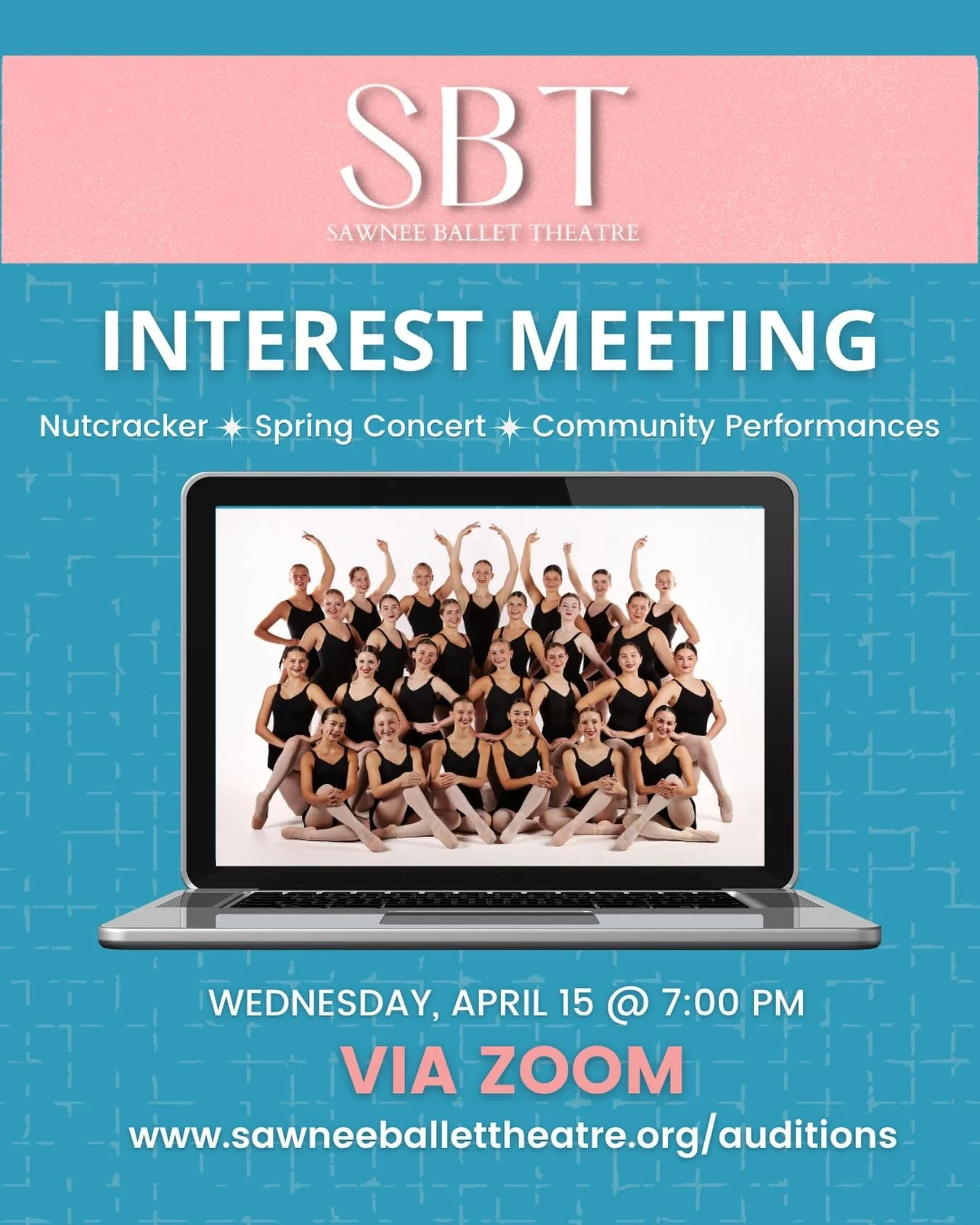 Interested in joining Sawnee Ballet Theatre for the upcoming season?

We will be hosting a Company Interest Meeting via Zoom this Wednesday, April 15 at 7:00 pm for both current and prospective company members. This meeting will cover what to expect 