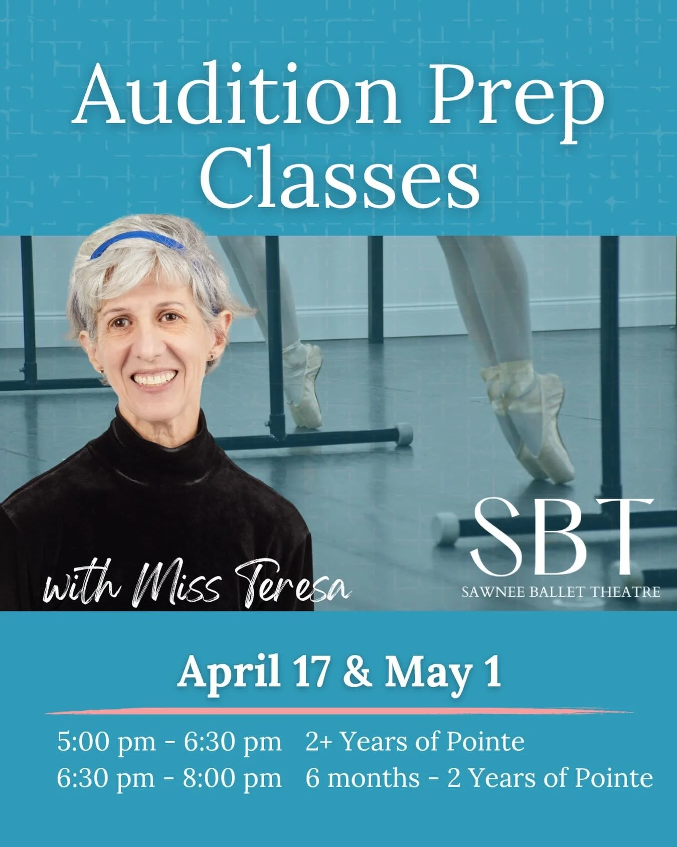 Join us tonight, Friday, May 1 for our last Audition Prep Class with Miss Teresa to clean up technique, build confidence, and get comfortable in an audition setting.

Schedule:
5:00&ndash;6:30 pm: Level B (2+ years of pointe experience)
6:30&ndash;8: