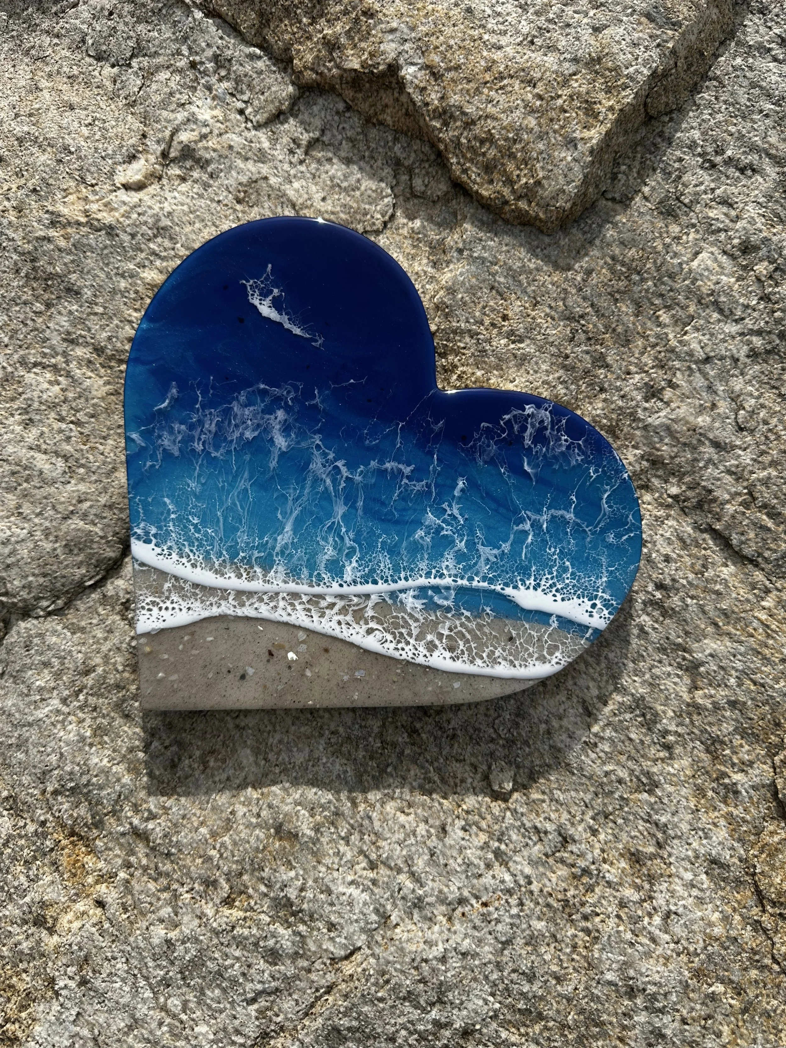 Resin Ocean Heart Art: Real Sand Beach, Coastal Decor (9x8 inches)