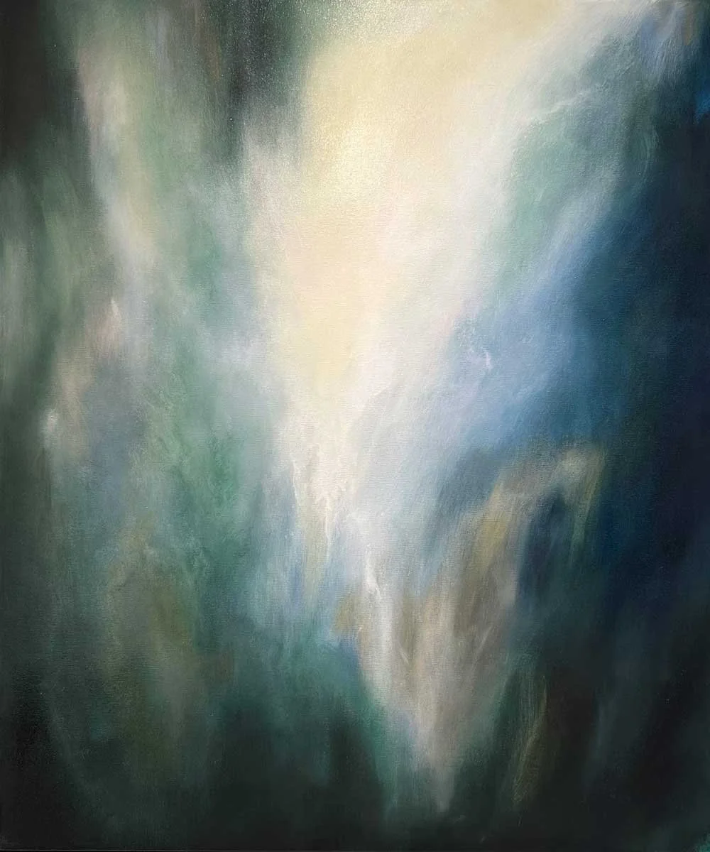 Falling Sky $1,800 SOLD   95 x 80cm  Oil on canvas. Timber Float Frame – gold Edges, Dark Sides.  Dreamscape in soft greens and deep blues where hazy layers drift and merge, evoking quiet motion and a sense of stillness suspended between sleep and w