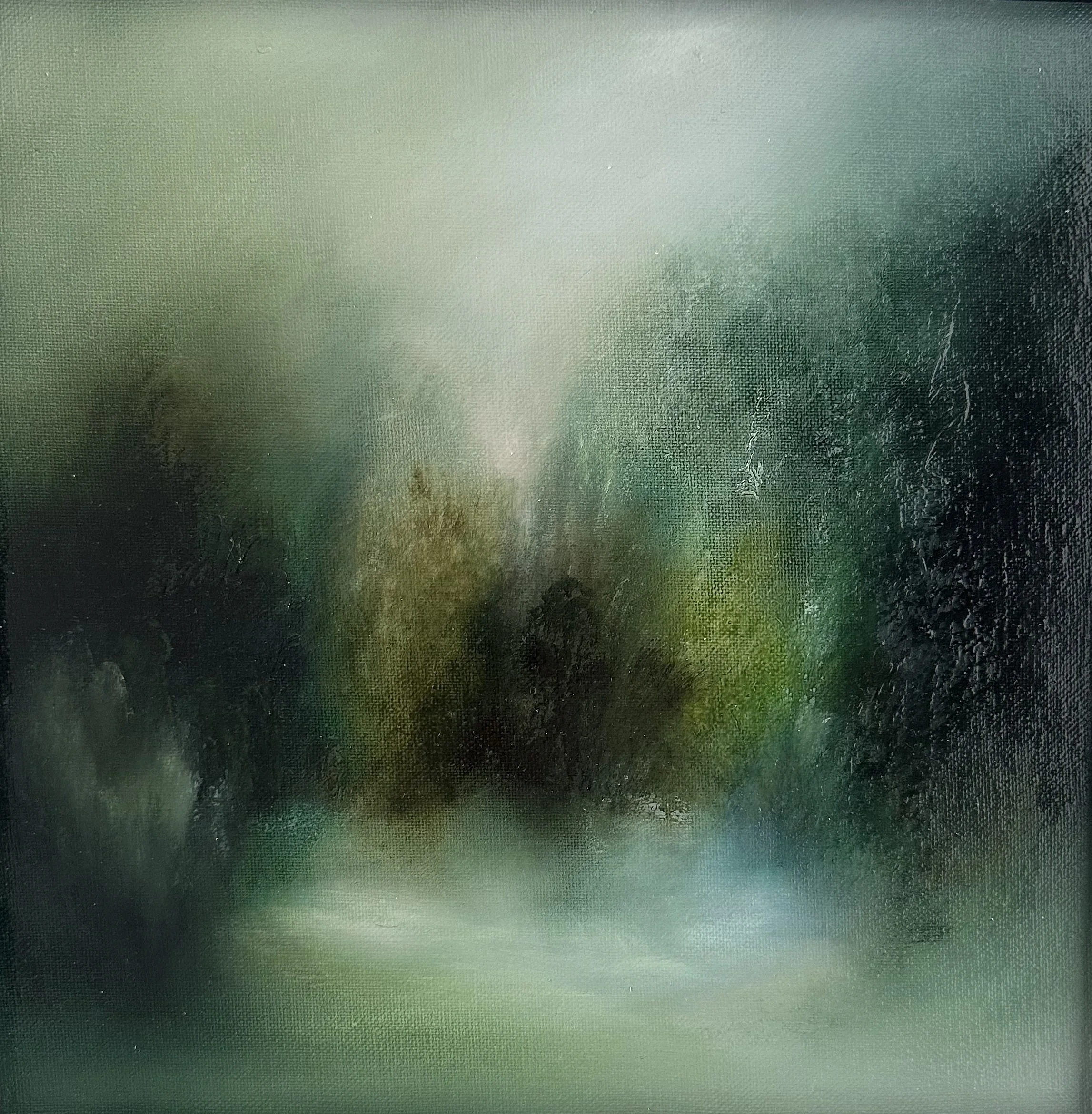  Forgive Me $450 SOLD   33 x 33cm  Oil on canvas. Timber float frame – silver edges, dark sides.  Dreamy landscape of green-on-green, where sky, trees, and water blend softly. Shades of emerald and jade merge in a serene, misty scene that feels calm 