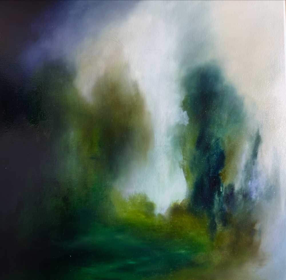  Faint Traces $1,400  65 x 65cm  Oil on canvas. Timber float frame – gold edges, dark sides.  Moody dark sky looms over trees, where light and shadow shift in quiet tension. Luminous light breaks through, softly illuminating and creating a contrast o