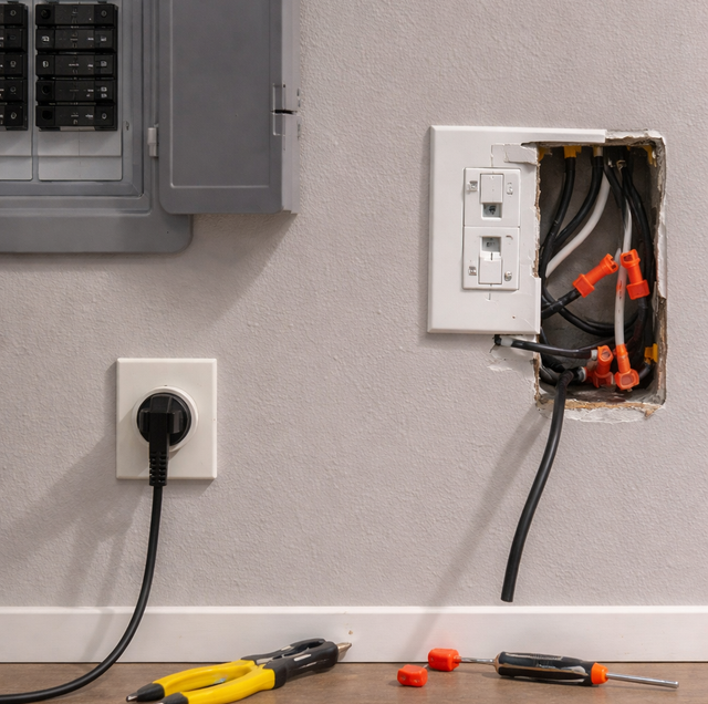 GFCI outlet reset button on kitchen wall outlet