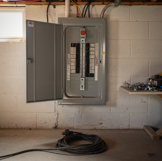 electrician hand flipping interlock breakers on generator panel