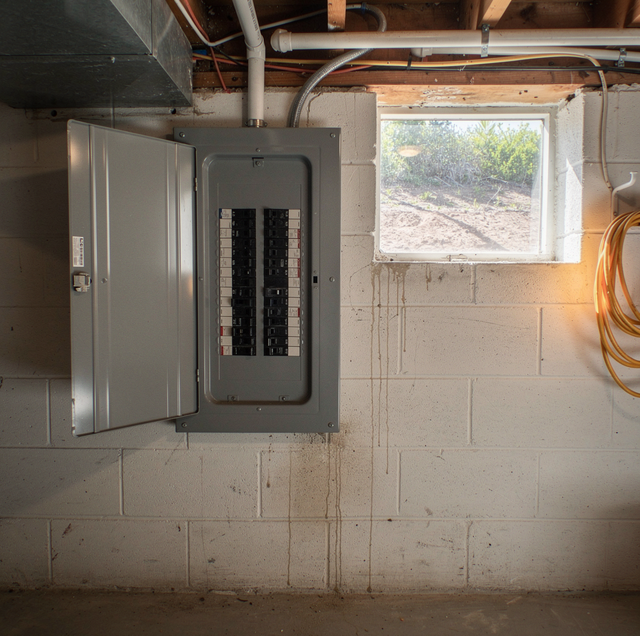 electrician inspecting outdated fuse panel with flashlight