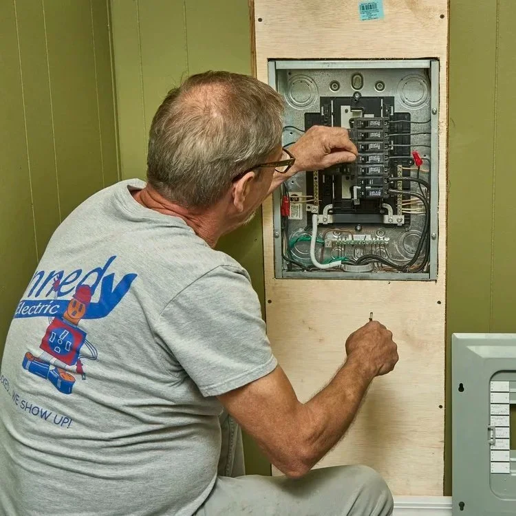 Technician working inside electrical panel representing post storm inspection addressing surge damage grounding safety after downed power line exposure.