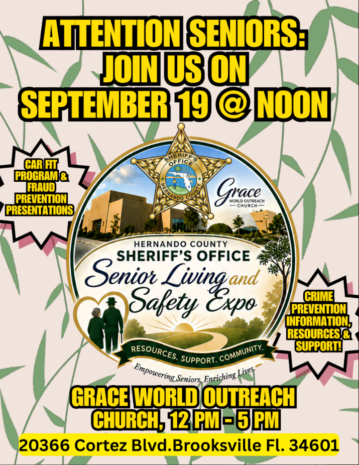 Hernando County Sheriff's Office Senior Living and Safety Expo flyer — September 19, 12 PM to 5 PM at Grace World Outreach Church in Brooksville, Florida