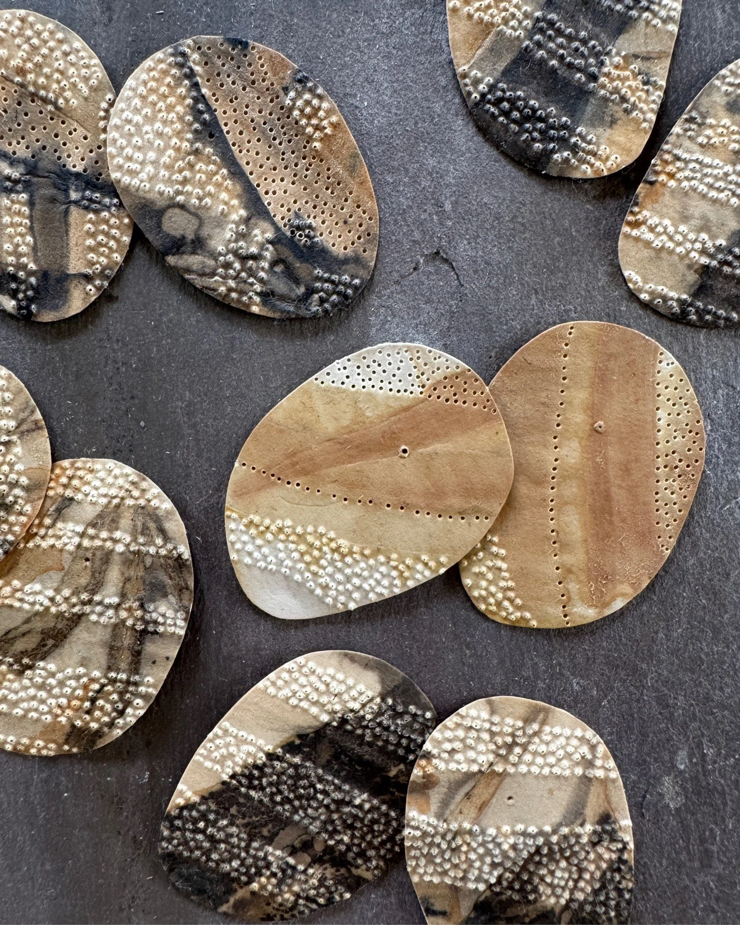 Back in the saddle.. rocky times. &lsquo;River Stone&rsquo; earrings in progress.

Colour of nature, botanical print on paper, hand cut, hand embellished.
Available @newcastleartgalleryaustralia