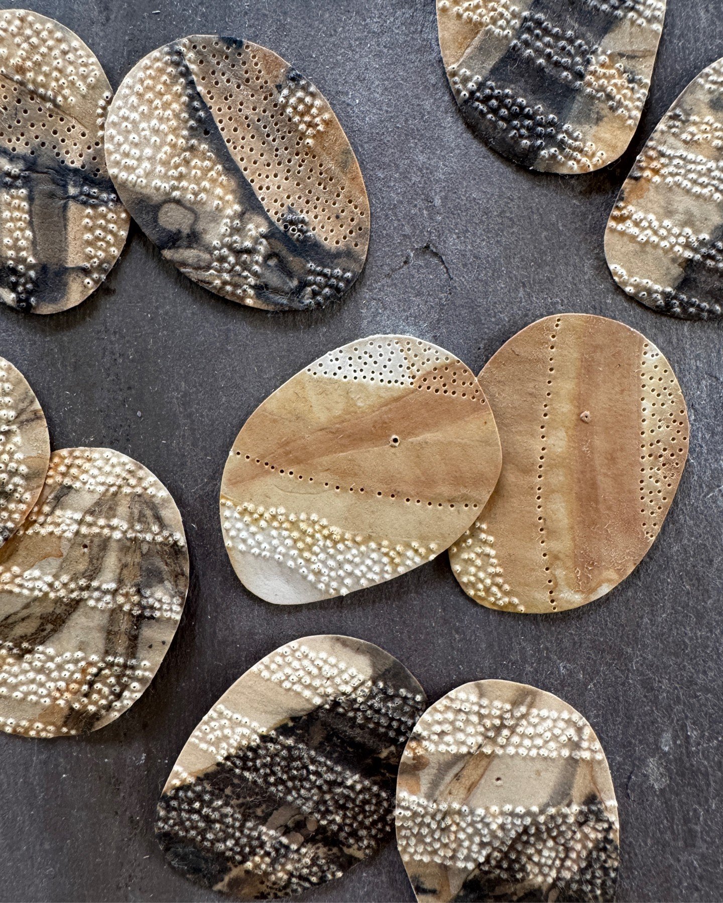 Back in the saddle.. rocky times. &lsquo;River Stone&rsquo; earrings in progress.

Colour of nature, botanical print on paper, hand cut, hand embellished.
Available @newcastleartgalleryaustralia