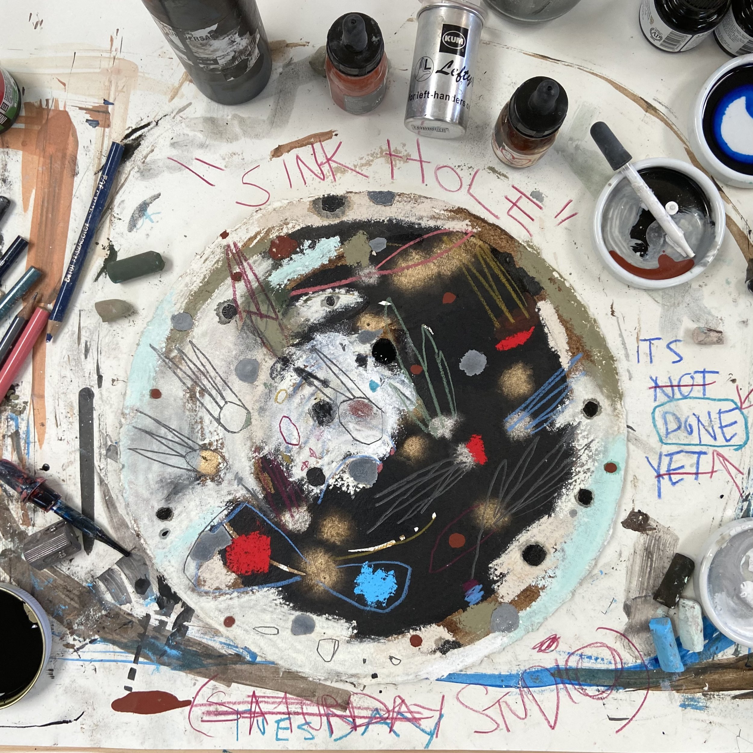 "Sinkhole." 12" Diameter. Mixed Media on Paper, 2023.