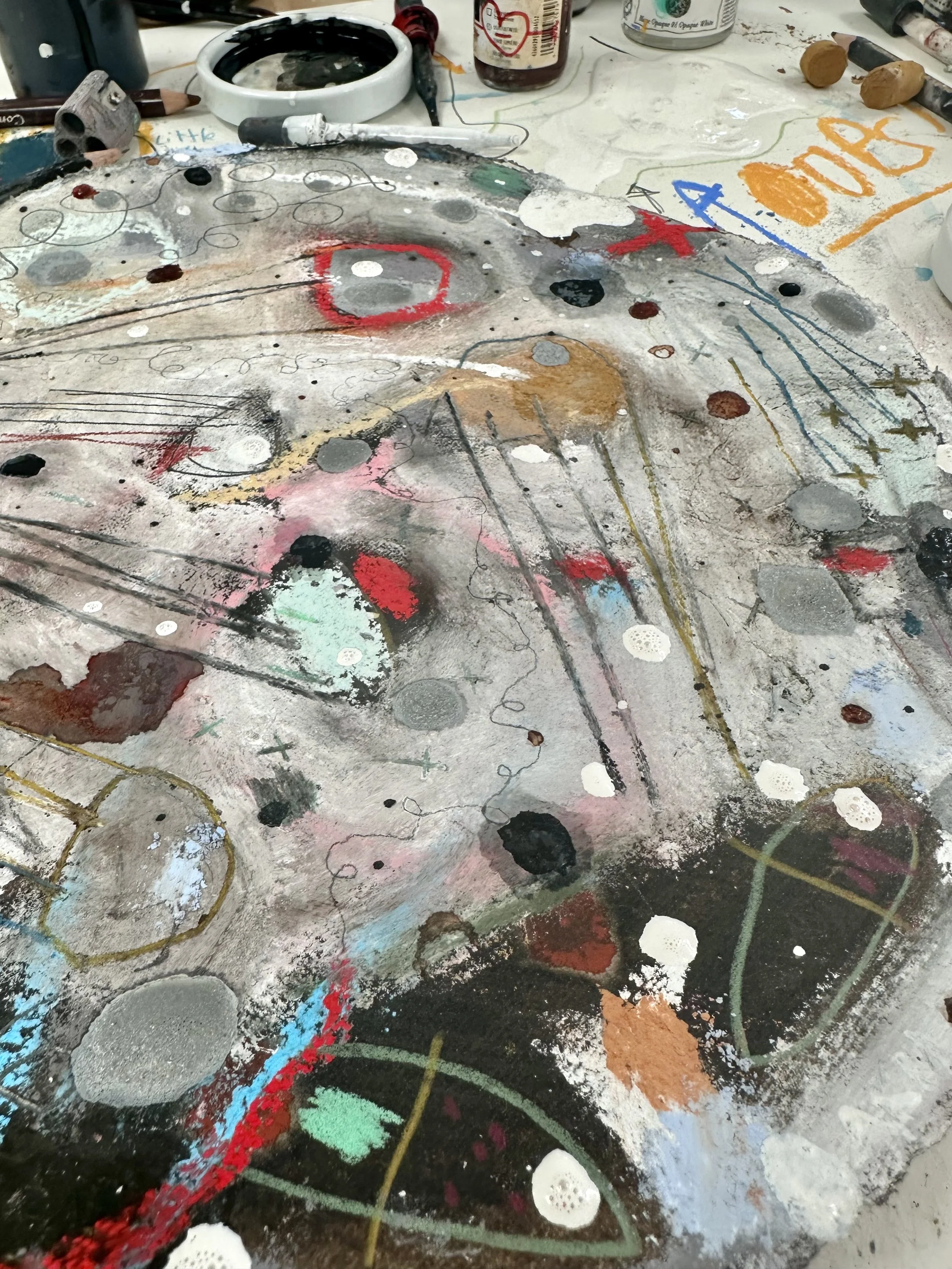 Work in Progress (Detail).  12" Diameter. Mixed Media on Paper, 2023.
