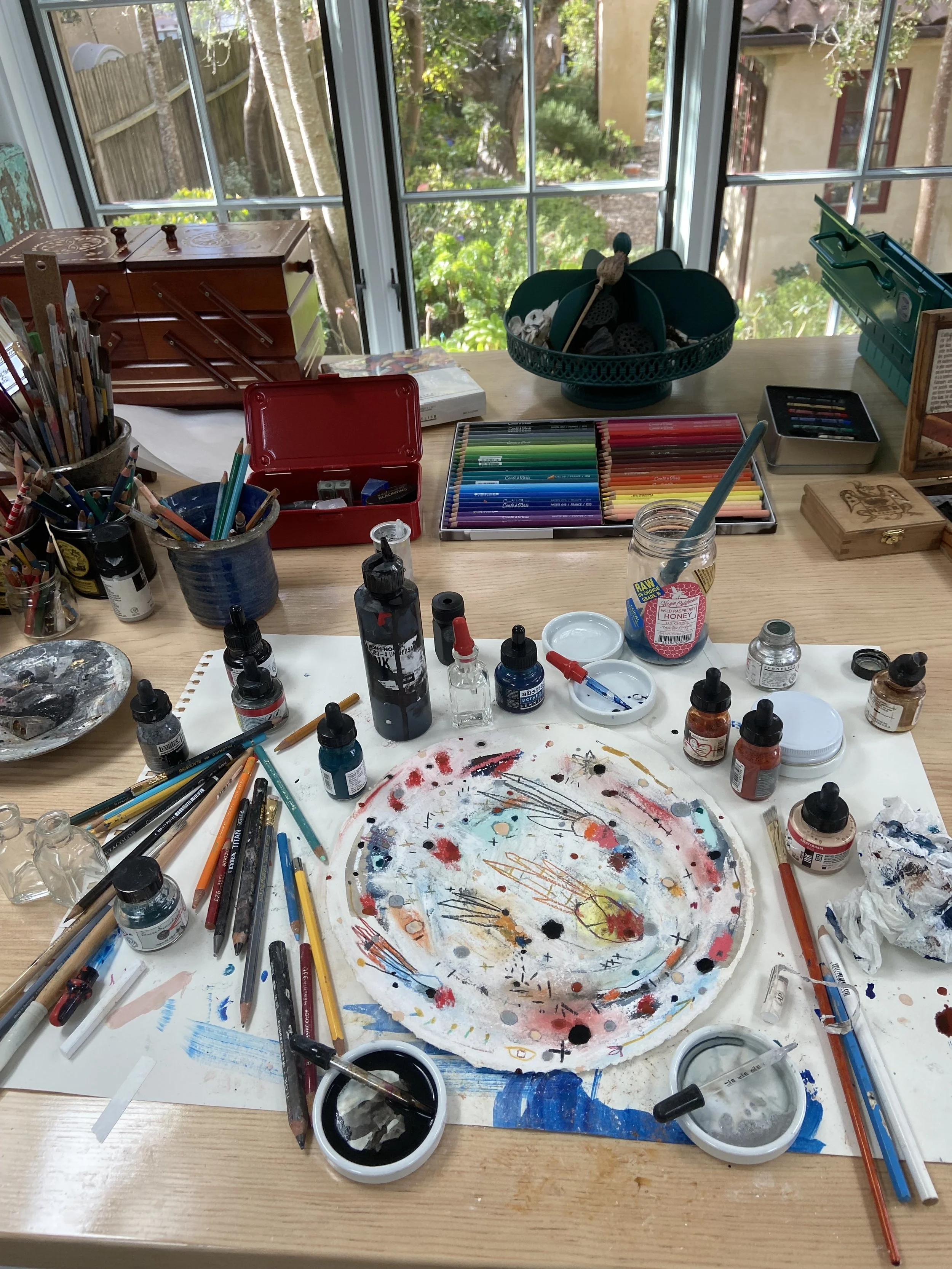 Work in progress. 12" Diameter. Mixed Media on Paper, 2023.