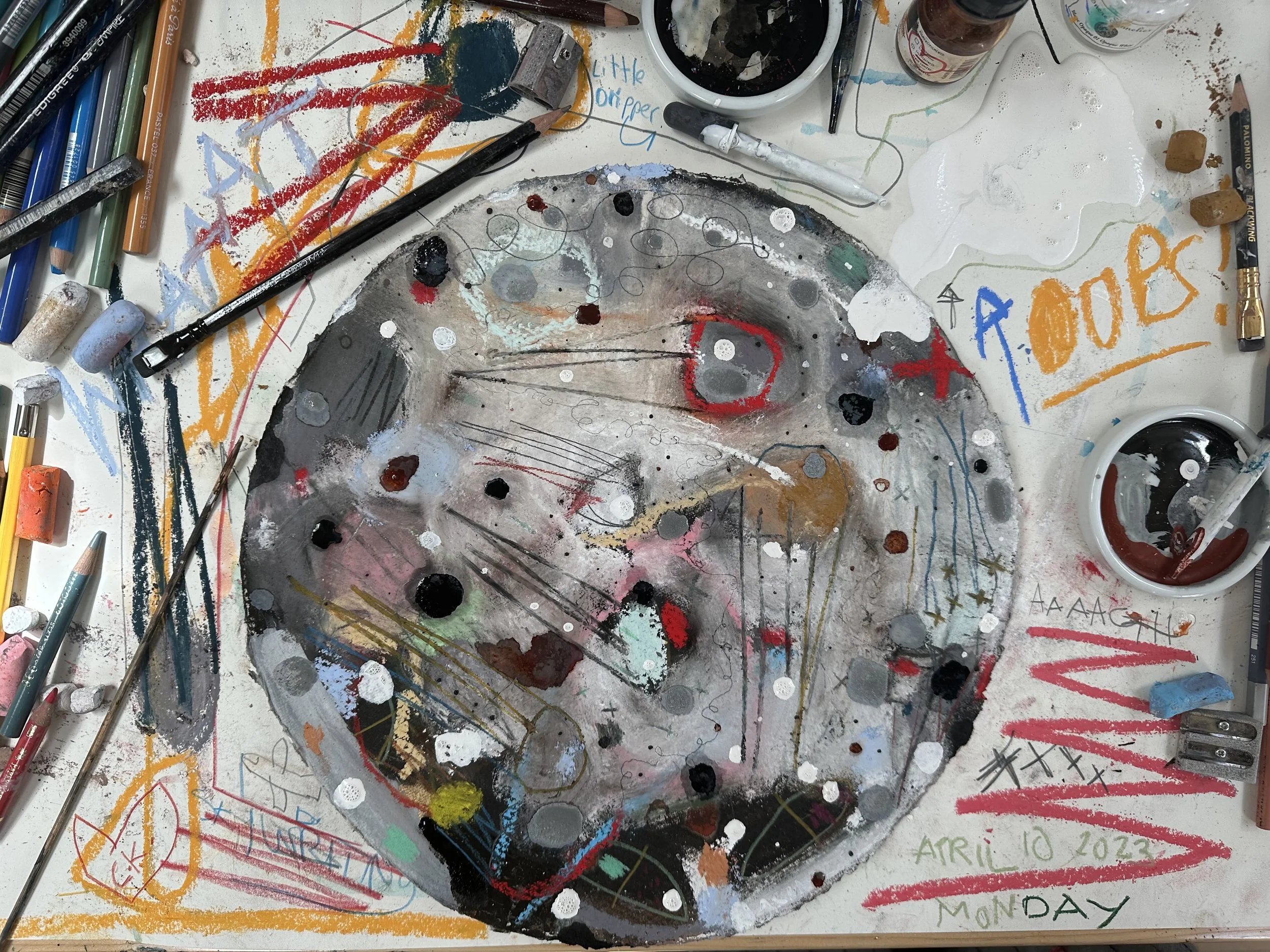 Work in progress. 12" Diameter. Mixed Media on Paper, 2023.