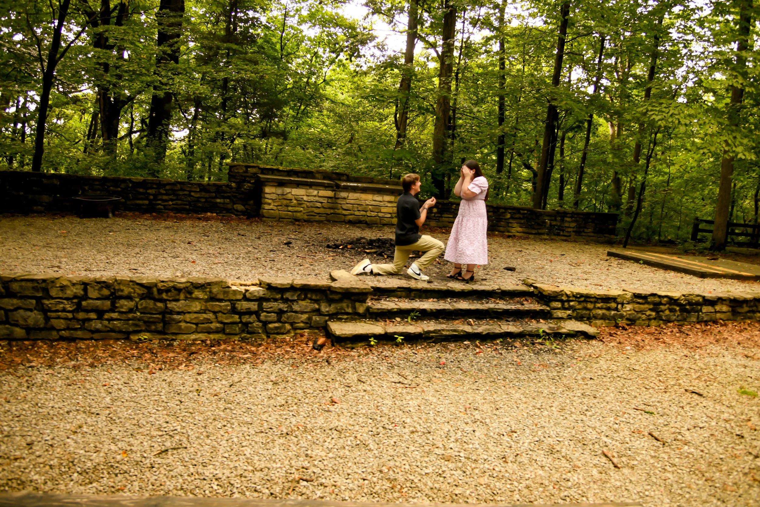 A man on one knee proposing marriage to a woman in a park surrounded by green trees, with a stone wall in the background.