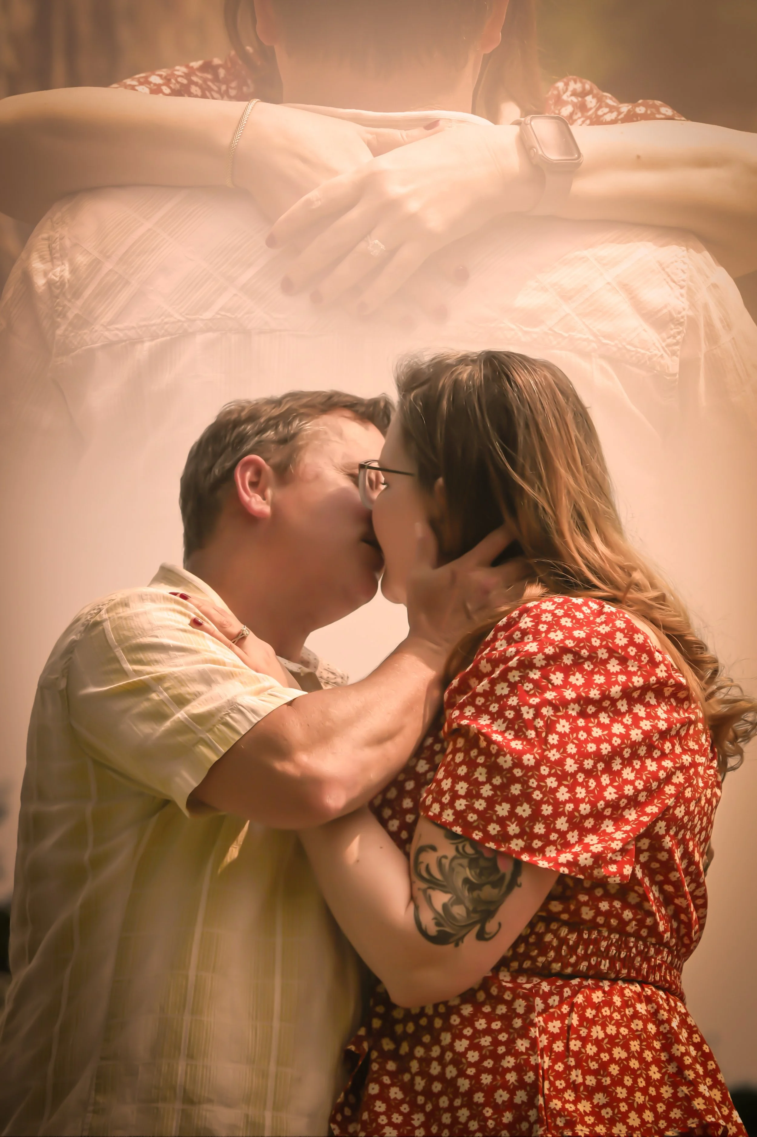 A couple kissing while holding each other, with an overlay of a woman lying in bed and looking at her phone.