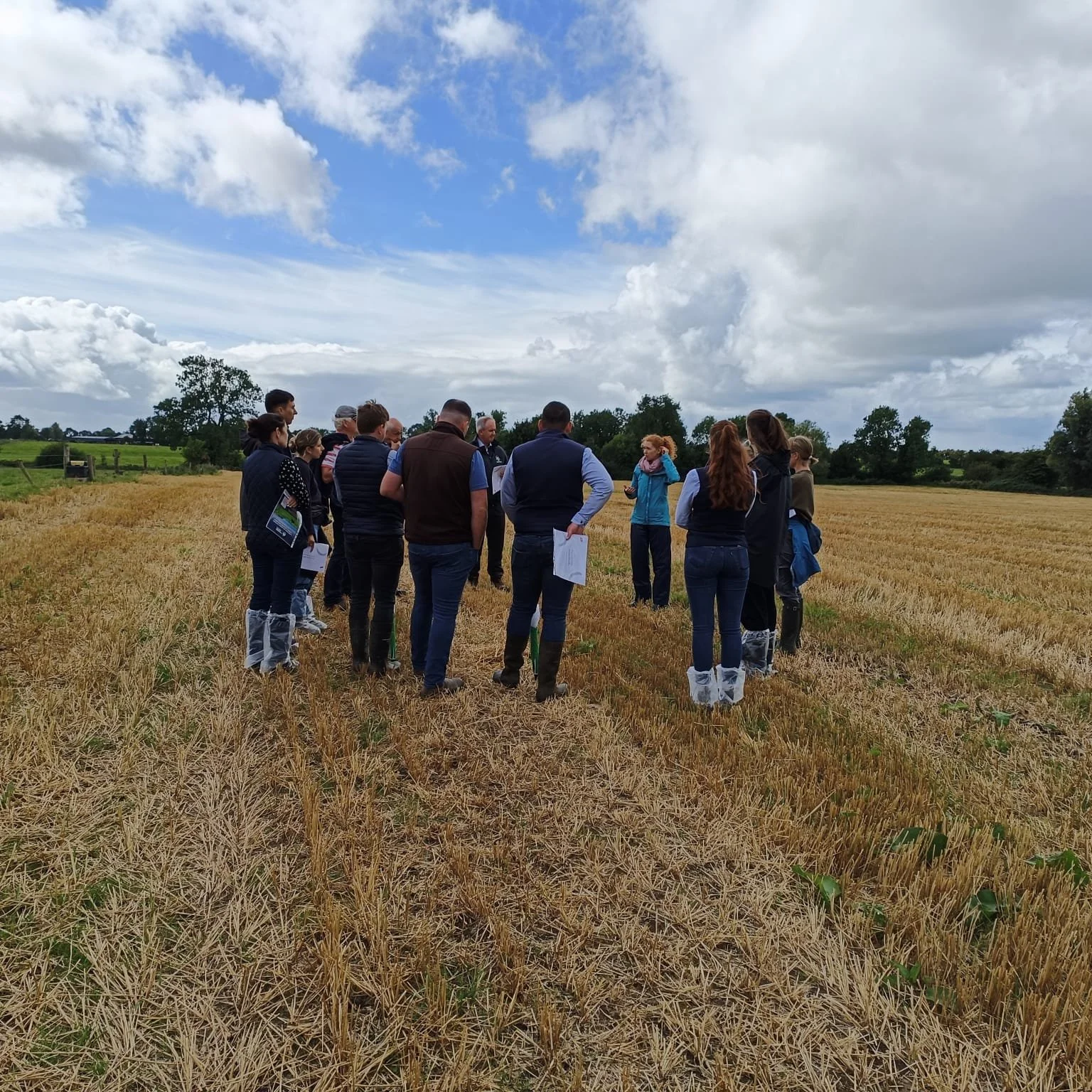 A discussion group on a farm walk.