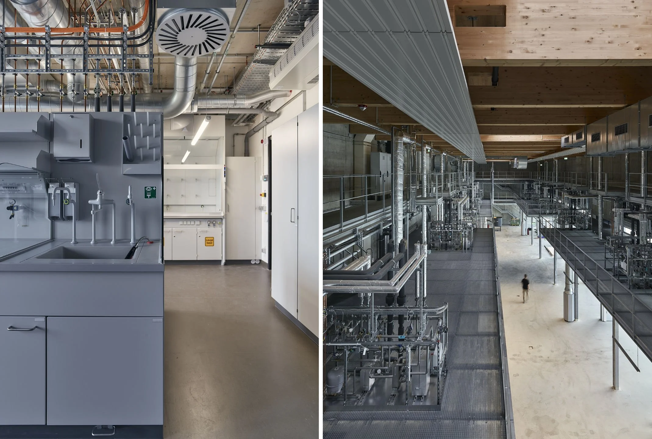 Linke Seite zeigt ein chemisches Labor mit Becken, Wasserhähnen und technischen Geräten. Rechte Seite zeigt eine industrielle Infrastruktur mit Rohren, Leitungen und einem offenen Raum in einer Fabrikhalle.