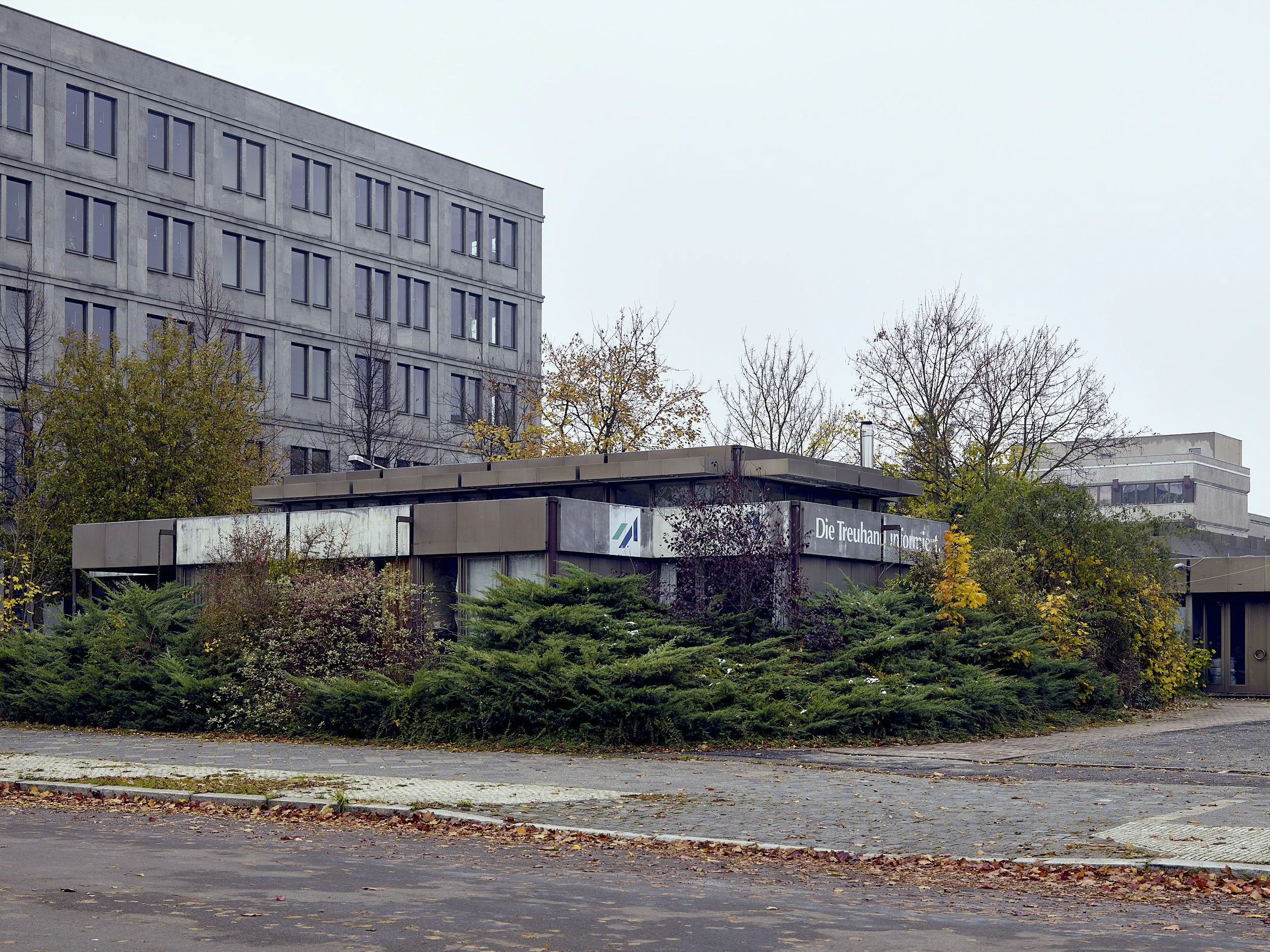 Ein Gebäude mit einem Schild, das 'Die Treuhand Information' sagt, vor Hintergrund eines mehrstöckigen Bürogebäudes, umgeben von Büschen und Bäumen im Herbst.