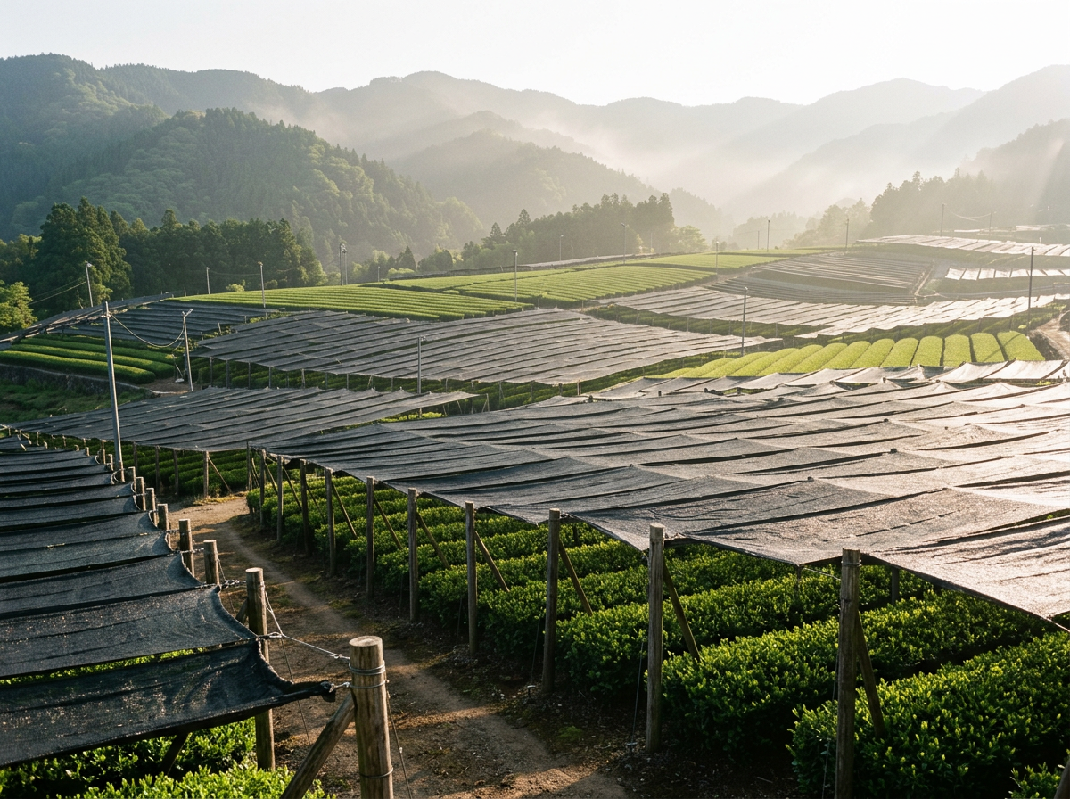 Sunrise over terraced tea fields with green plants covered by black shade cloth, surrounded by mountains in the background.