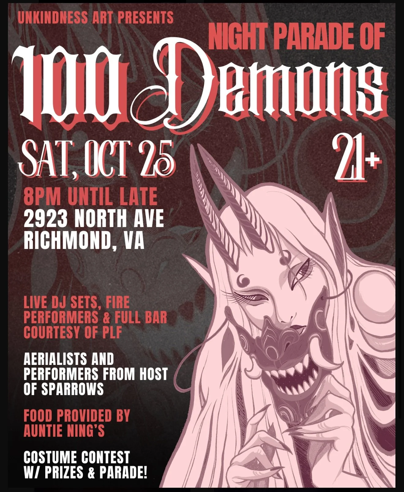 we have a big ol&rsquo; halloween party tomorrow night at the one, the only, @unkindnessart &mdash; and to celebrate our ten year anniversary, we&rsquo;re doing a night parade of 100 demons! you can join us in hell &amp; enjoy a costume contest, deli