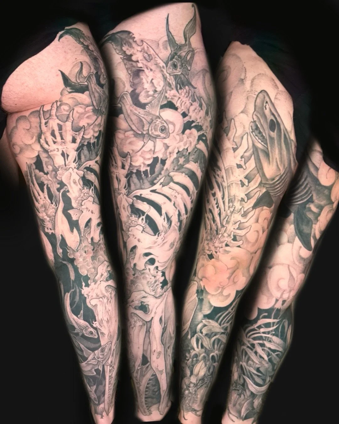 my first (and so far, only) leg sleeve&mdash; a whale fall for theo! i am so happy with how this came out; everything in the pictures is healed! we finished this earlier this year but i&rsquo;m itching to do another leg sleeve! my books are still ope