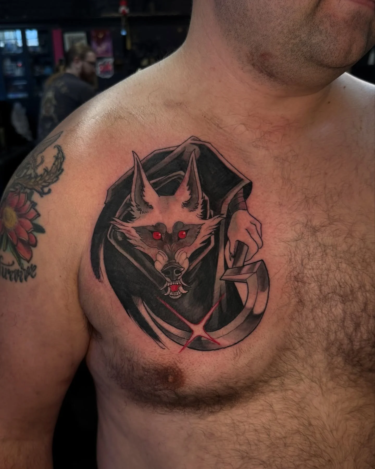 what&rsquo;s scarier than DEATH? probably getting your chest tattooed. but brian toughed it out for this fun homage to our favourite big bad wolf 🐺 #death #pussinboots #deathtattoo #chesttattoo #wolftattoo #pussinboots