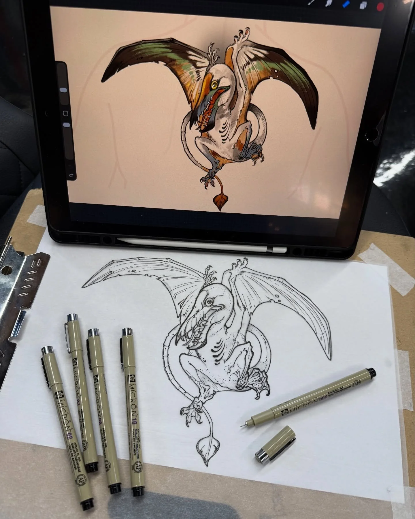 start of a rhamphorhynchus for marle! this is about a day&rsquo;s worth of work&mdash; including stencil sizing, stenciling, and a lunch break. we should be able to finish him in a few months! #rhamphorhynchus #notadinosaur